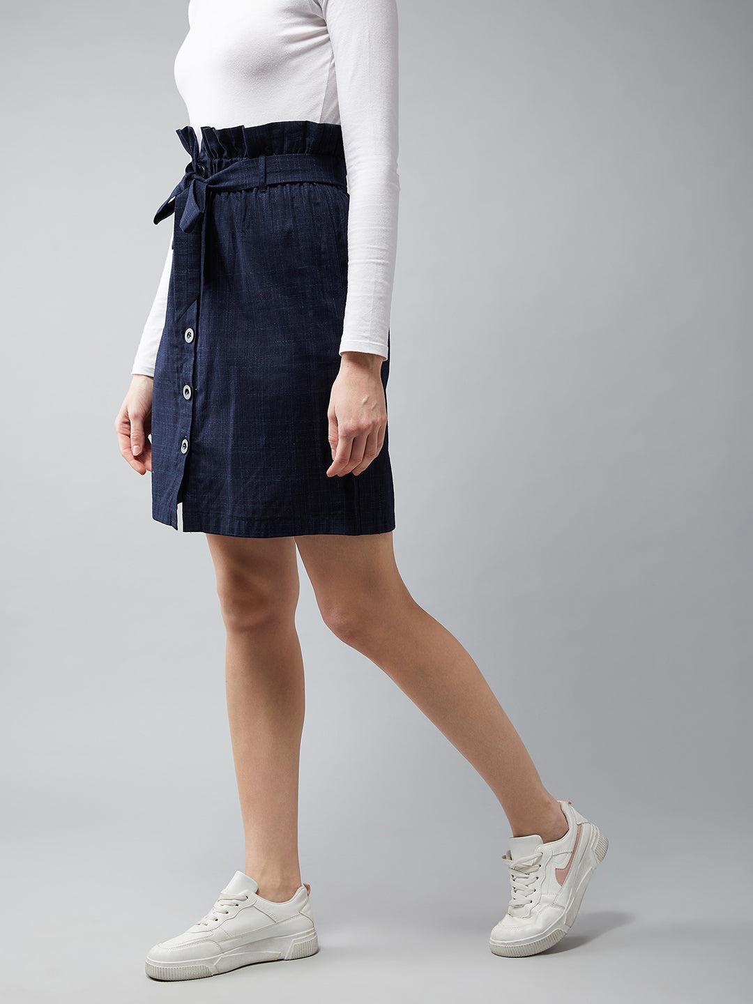 Women's Navy Blue Solid Paper Bag Mini Skirt