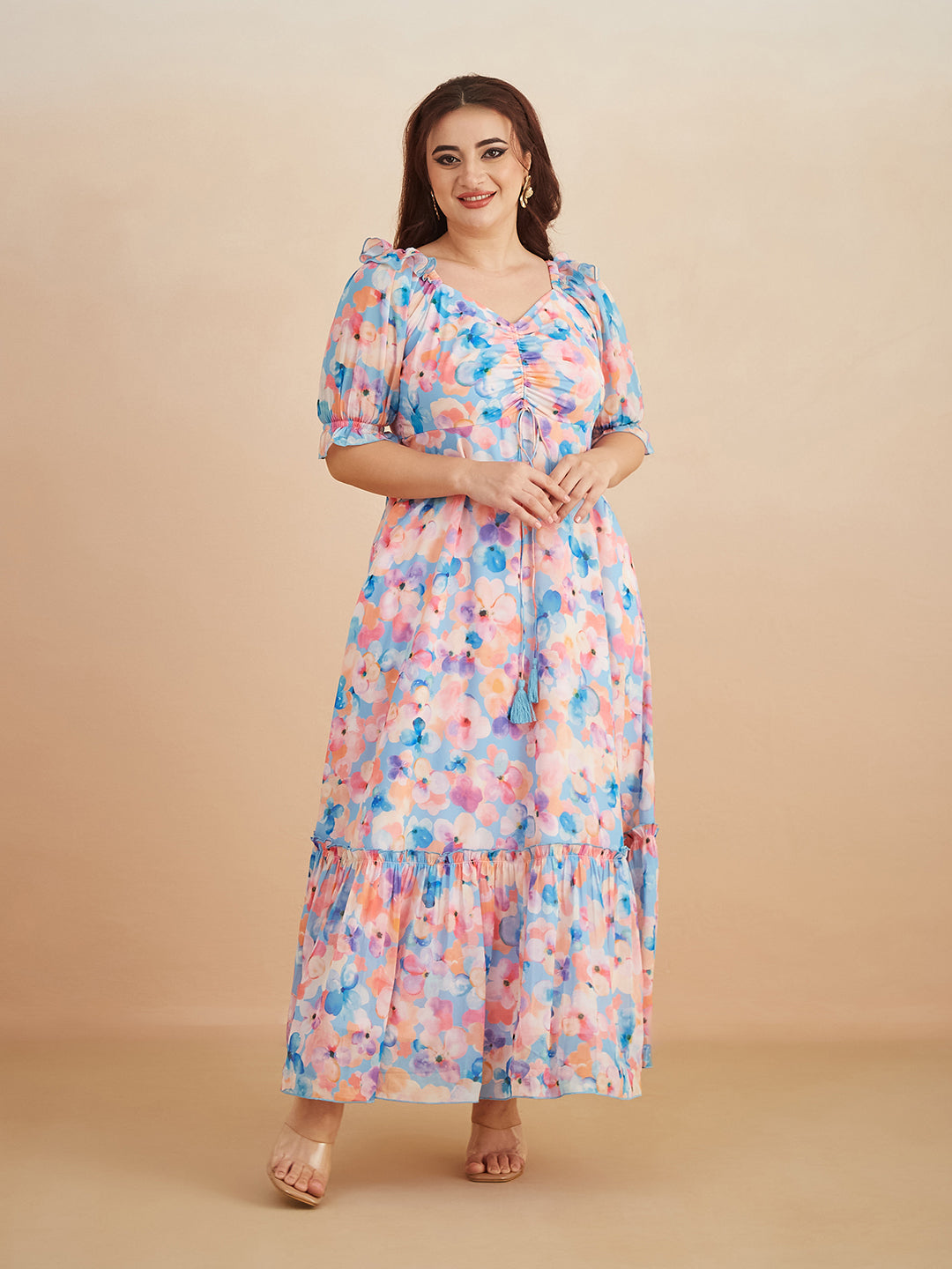 Multicolored-Base-Sky Blue V-Neck Puff Sleeve Floral Ruching Ankle-Length Dress for Women