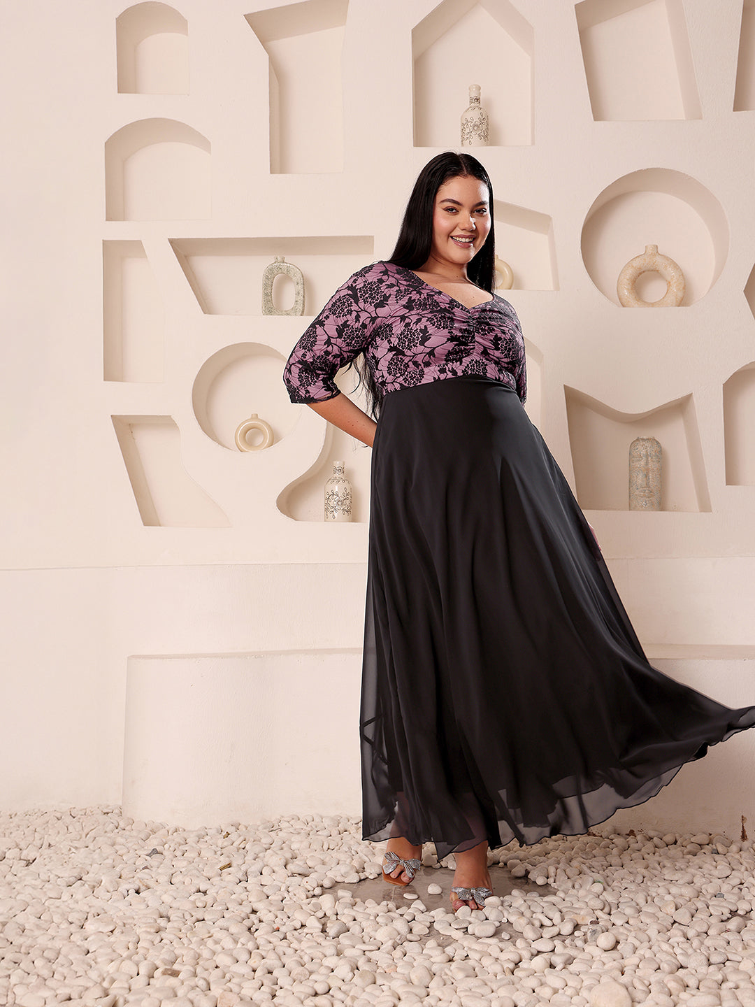 Body Bliss Black And Lavender Sweet heart neck Three-Quarters Sleeve Self-Design Fit & Flare Maxi Dress