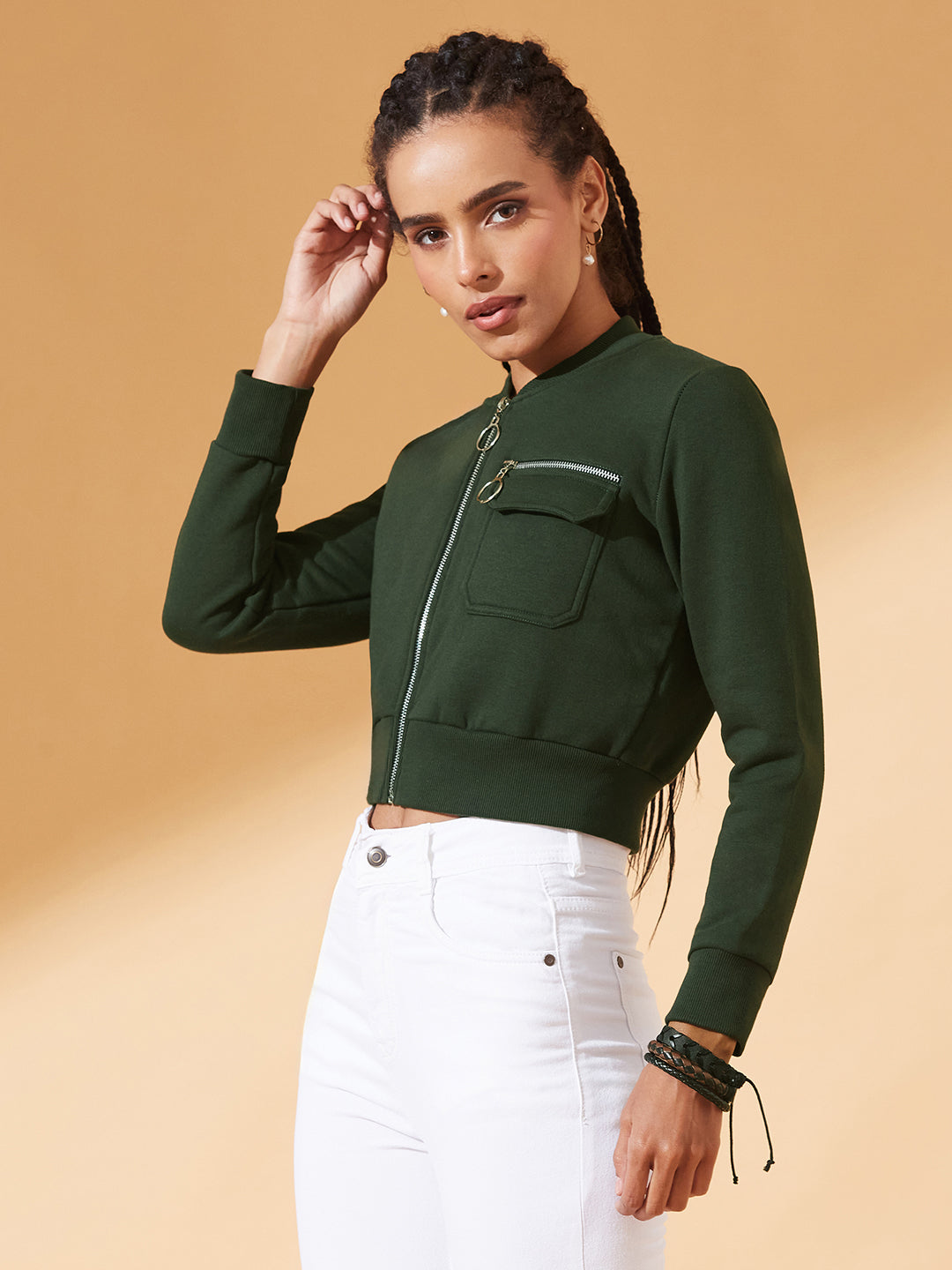 Green Stand Collar Full Sleeves Cotton Boxy/Bomber Cropped Jacket for Women