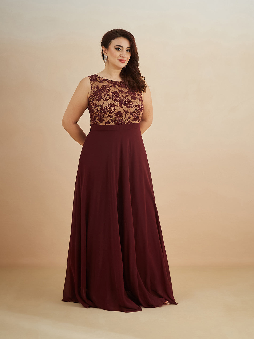 Beige & Wine Round Neck Sleeveless Georgette Floral Lace Fit & Flare Maxi Dress for Women — Miss Chase A+