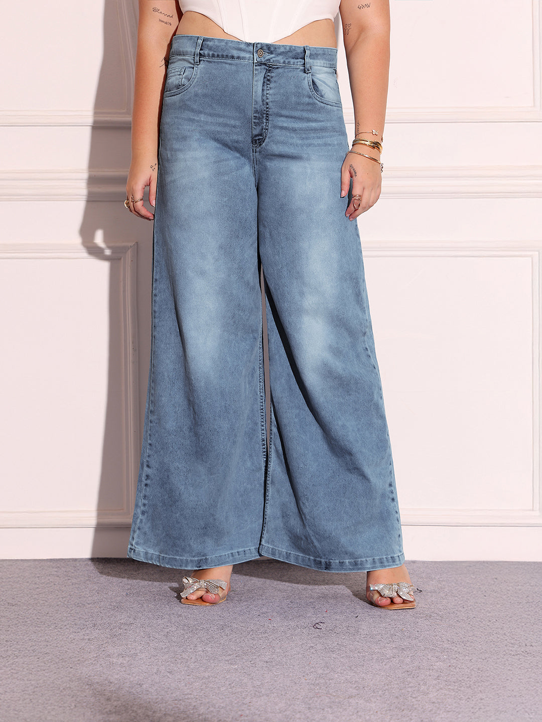 Women's Light Blue High-Rise Stretchable Denim Wide-Leg Shaping Jeans