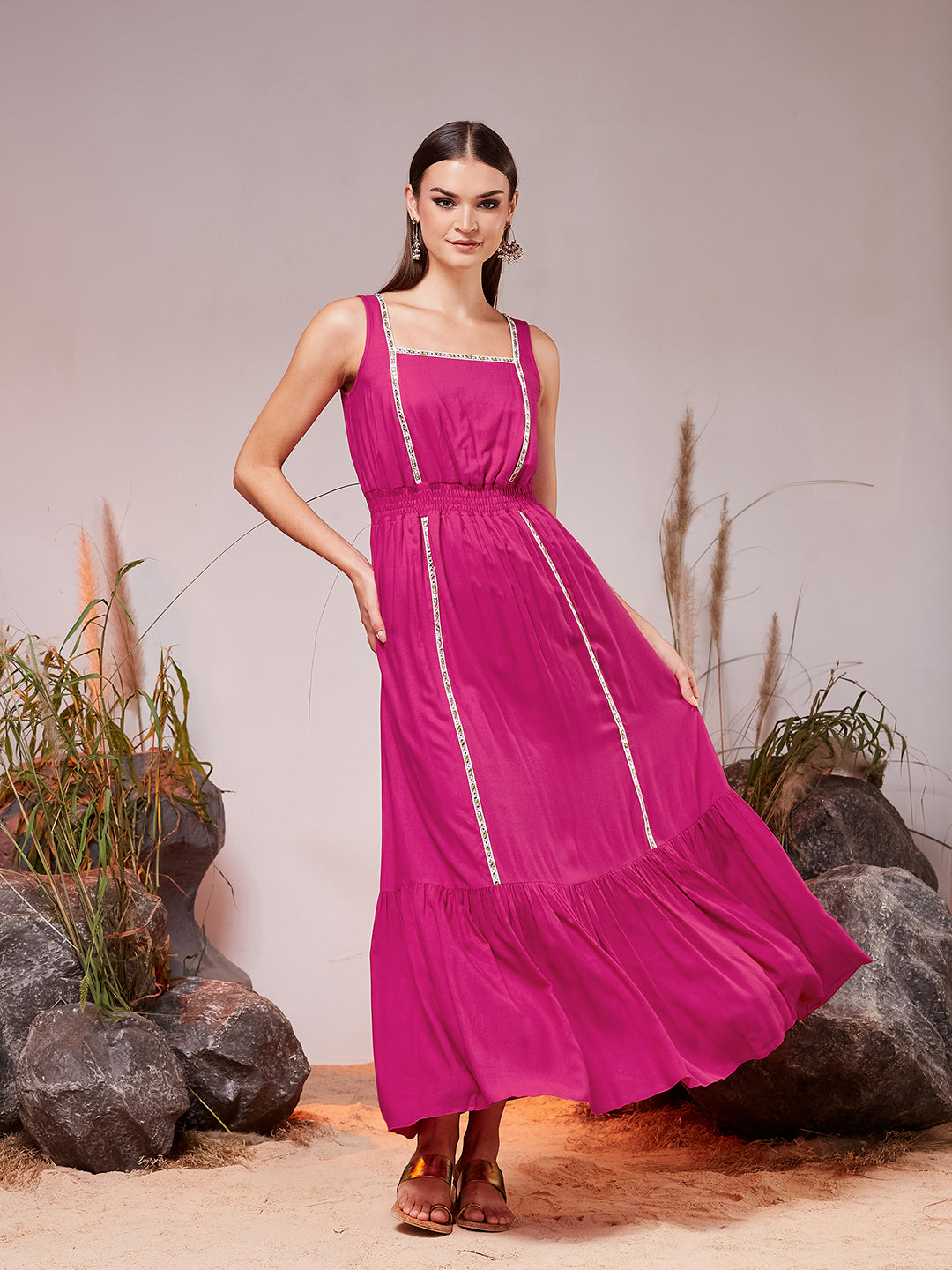 Pink Square Neck Sleeveless Solid Tiered Maxi Viscose Rayon Ethnic Dress for Women — Miss Chase