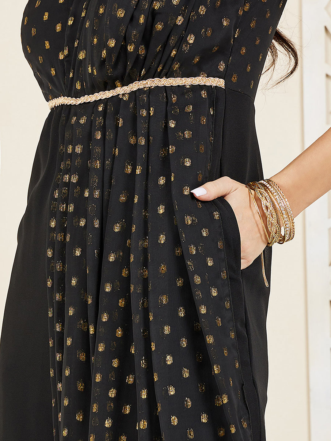 Women's Black Self Design V-Neck Sleeveless Polyester Pleated Jumpsuit