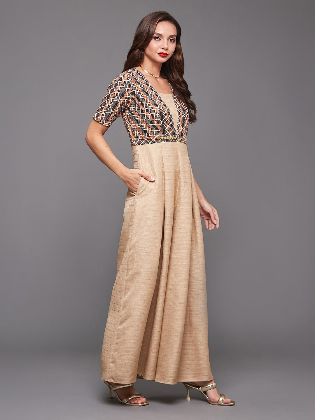 Women's Multicolored-Base-Beige Square Neck Half Sleeve Geometric Pleated Regular-Length Silk Jumpsuit