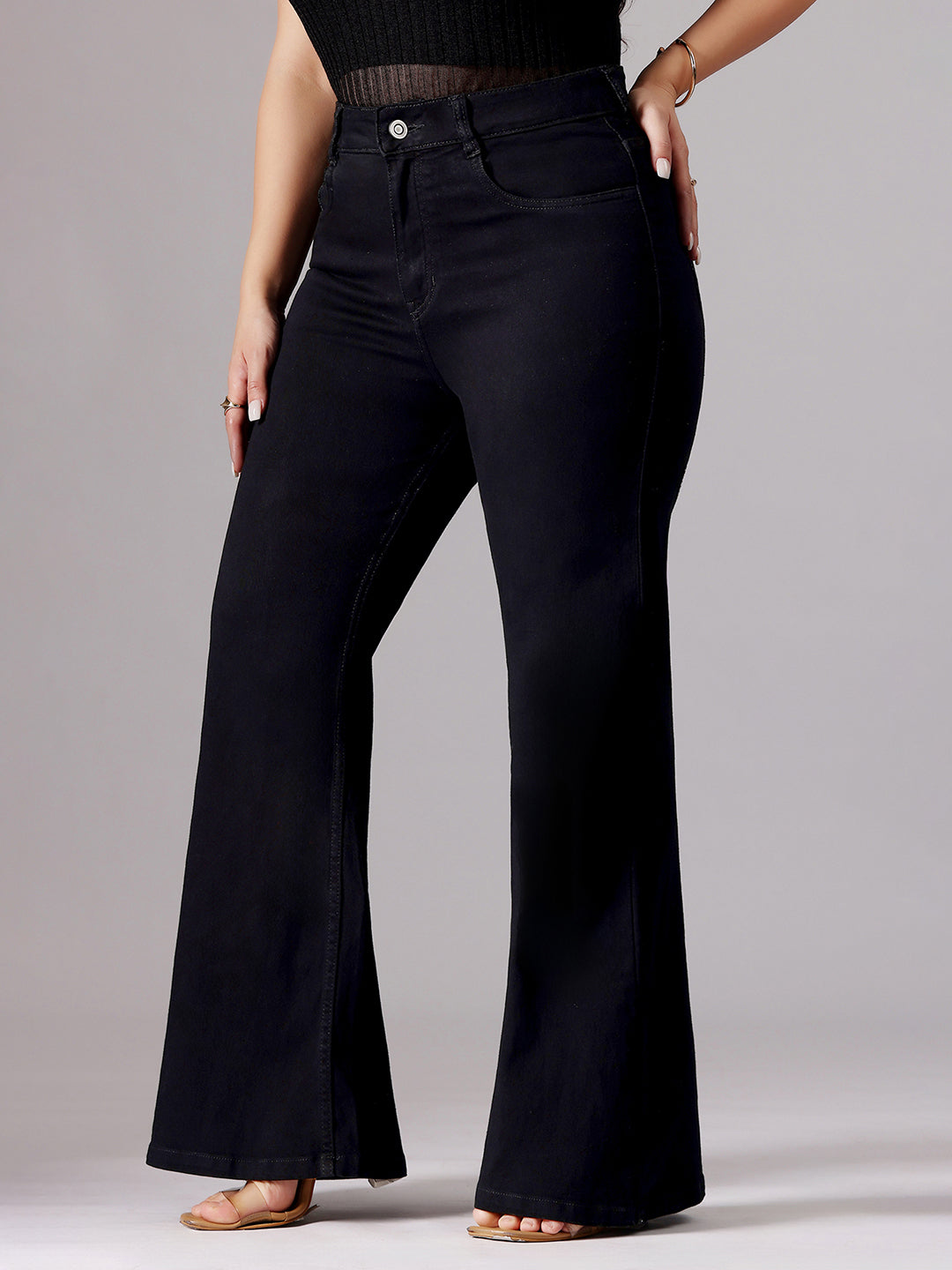 Women's Black Bootcut High-Rise Clean-Look Stretchable Denim Jeans