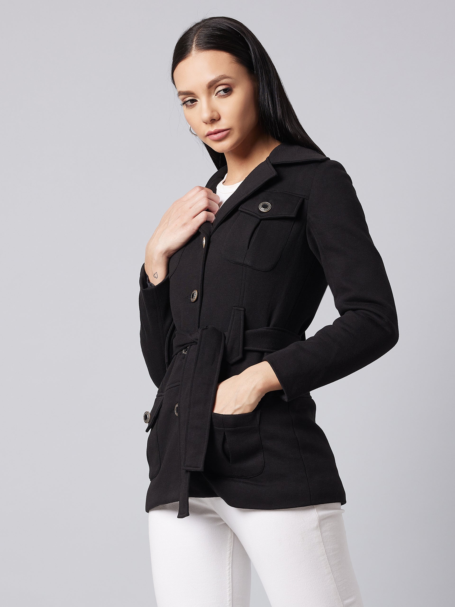 Women's Black Notch Collar Full Sleeve Solid Safari Longline Jacket