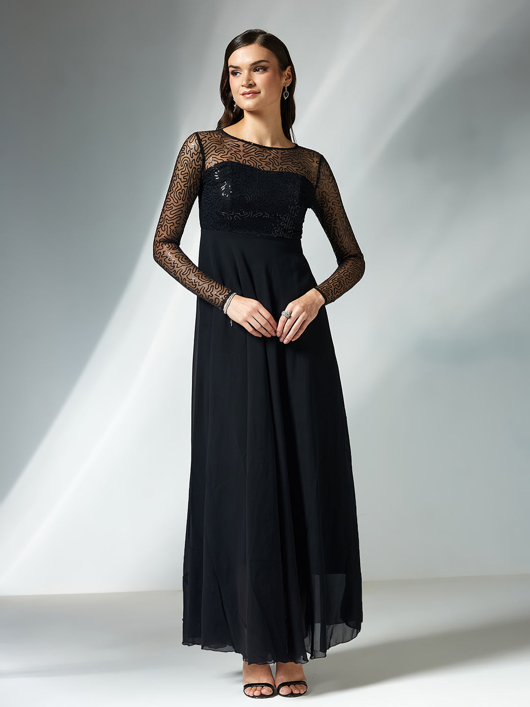 Women's Black Solid Embellished Maxi Dress