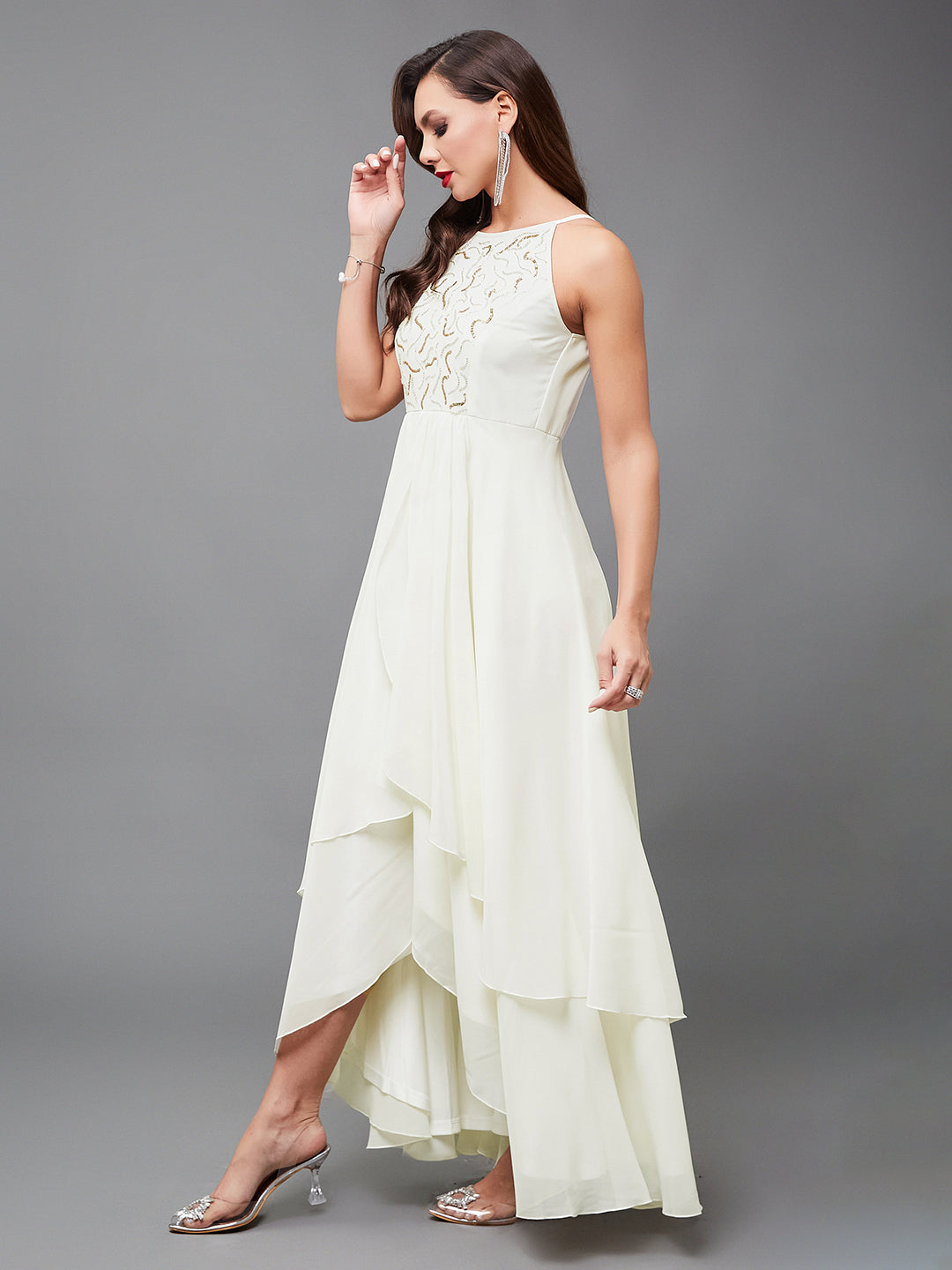 Off White Sleeveless Abstract Sequinned Layered Gown