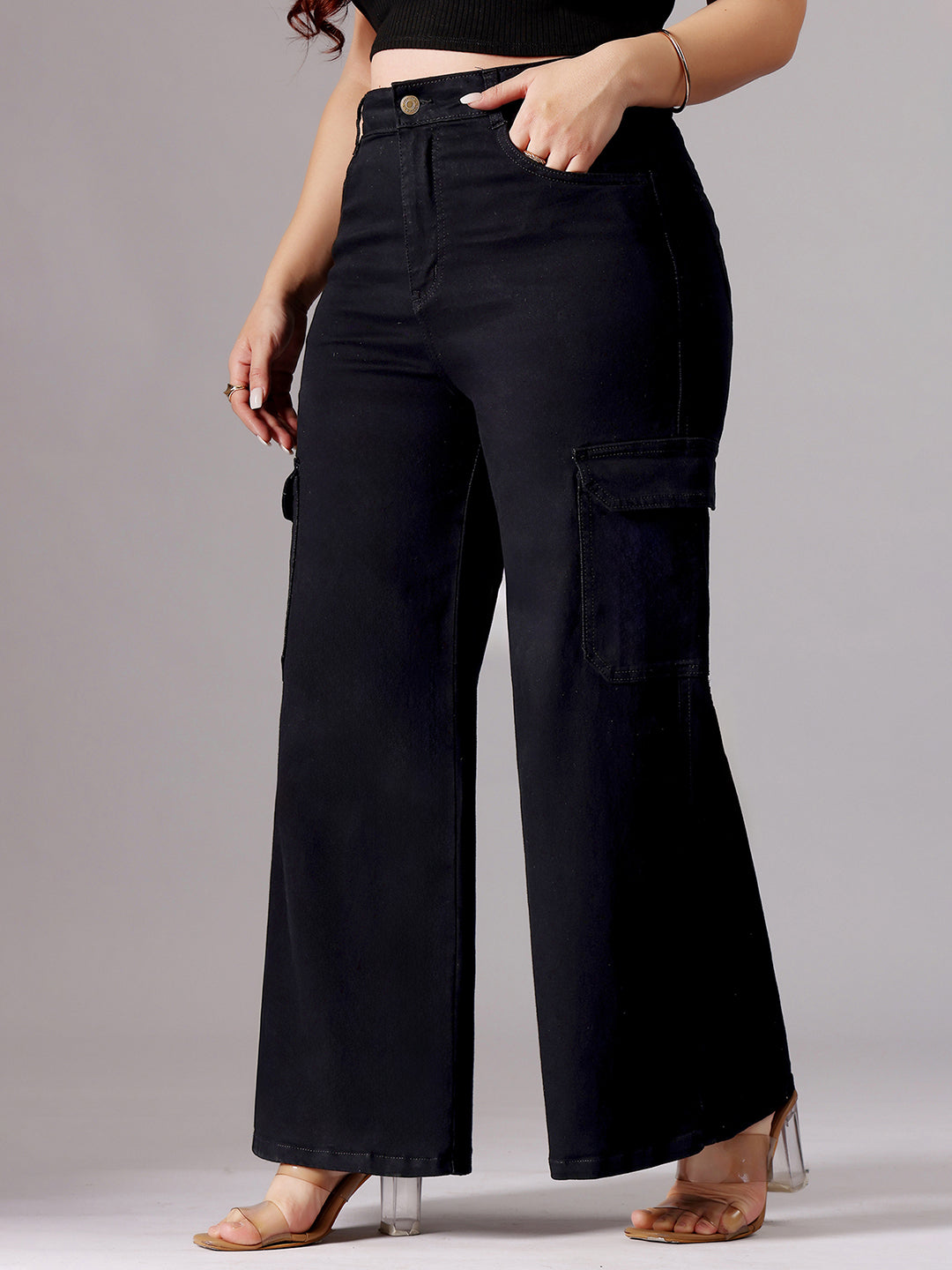 24/7 Comfort Black Wide-Leg High-Rise Clean-Look Patch Pocketed Regular Stretchable Denim Jeans