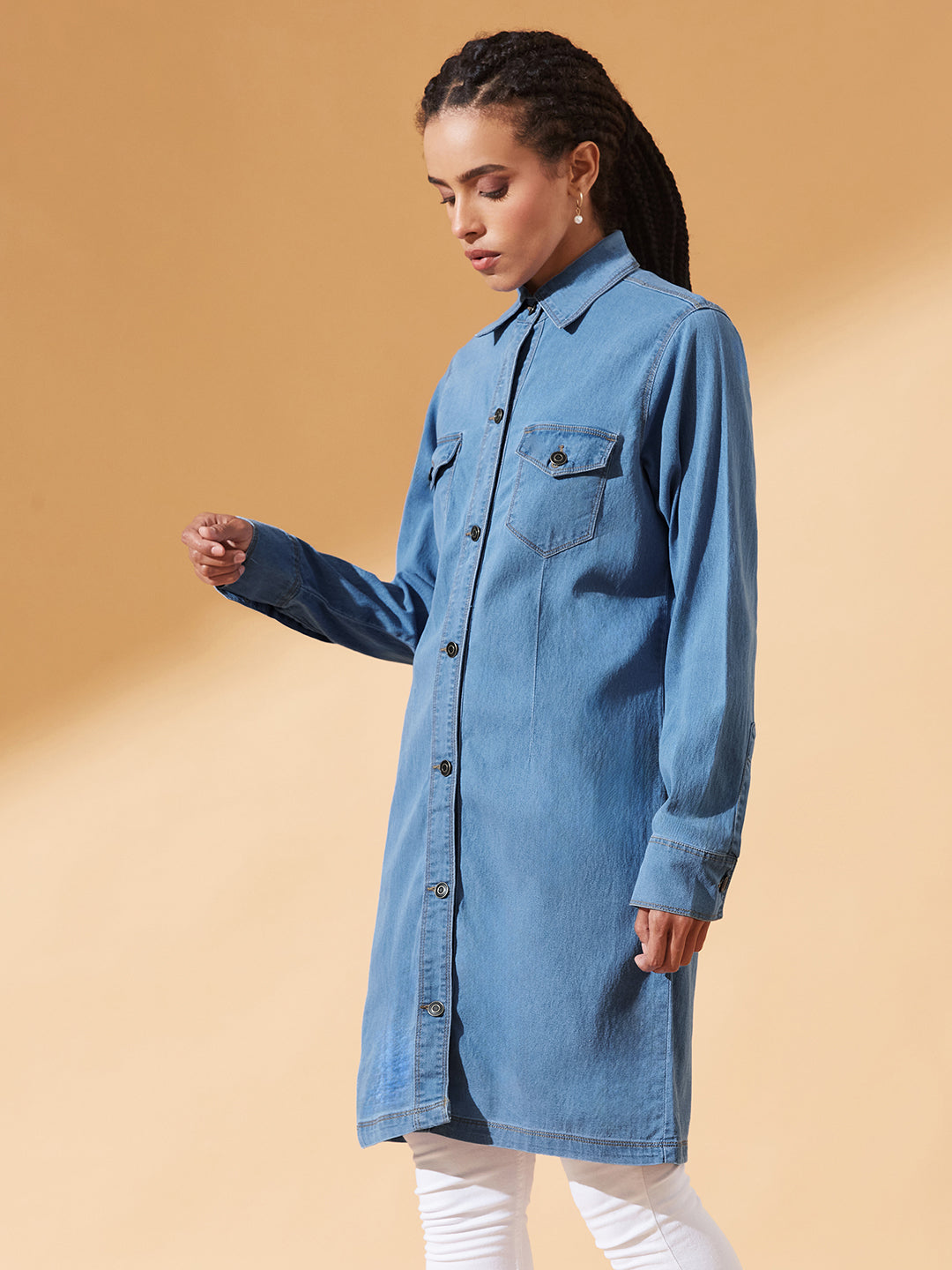 Blue Polo Neck Full Sleeves Denim Knee-Long Shrug for Women