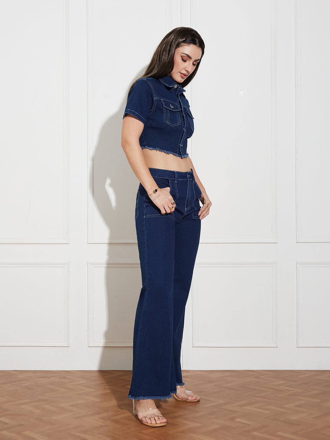 Women's Navy Blue Bootcut High-Rise Clean-Look Cropped Top, Regular Bottom Stretchable Denim Co-Ord Set