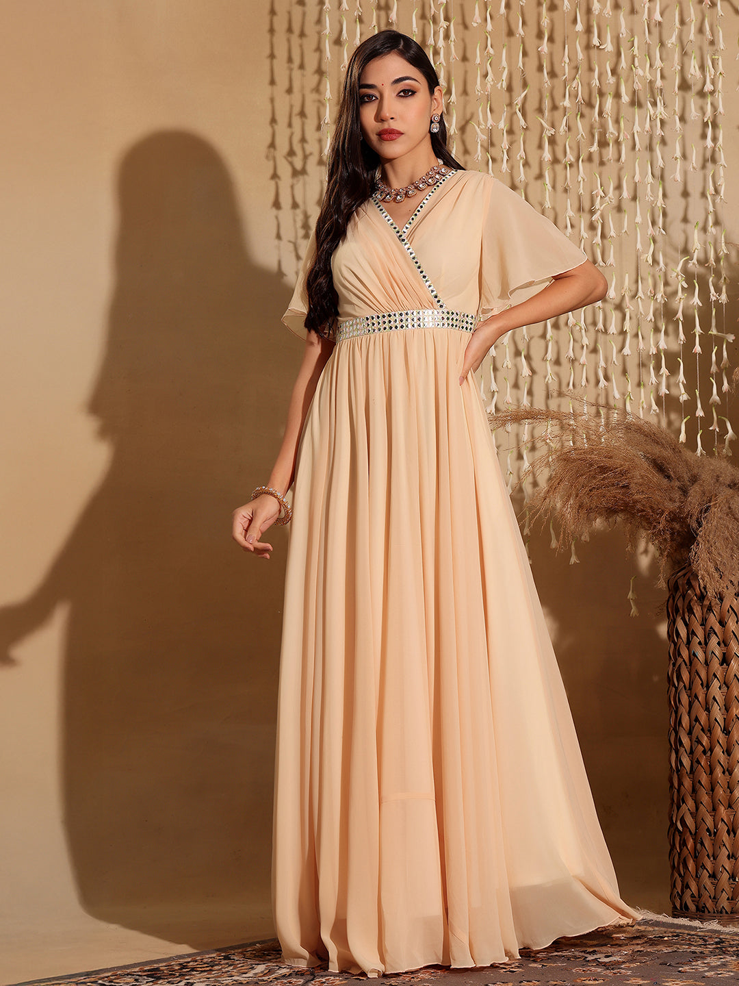 Women's Peach V-Neck Flared/ Bell Sleeves Georgette Solid Fit & Flare Maxi Dress