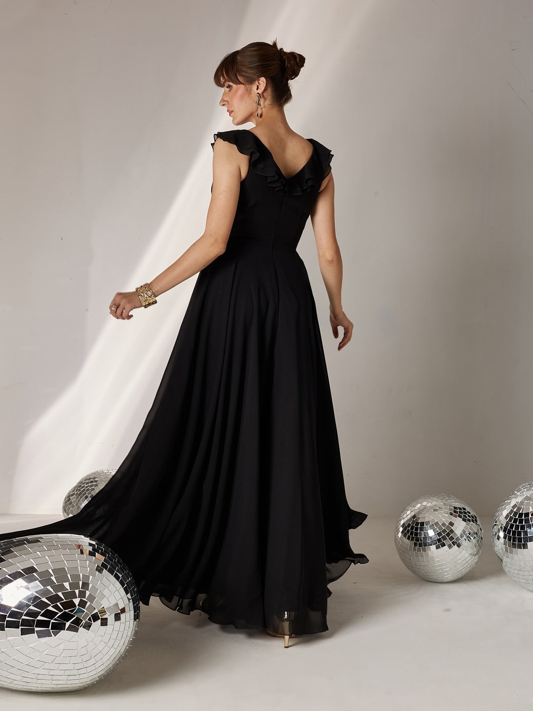 Black Sleeveless Embroidered Ruffled Georgette Maxi Dress for Women