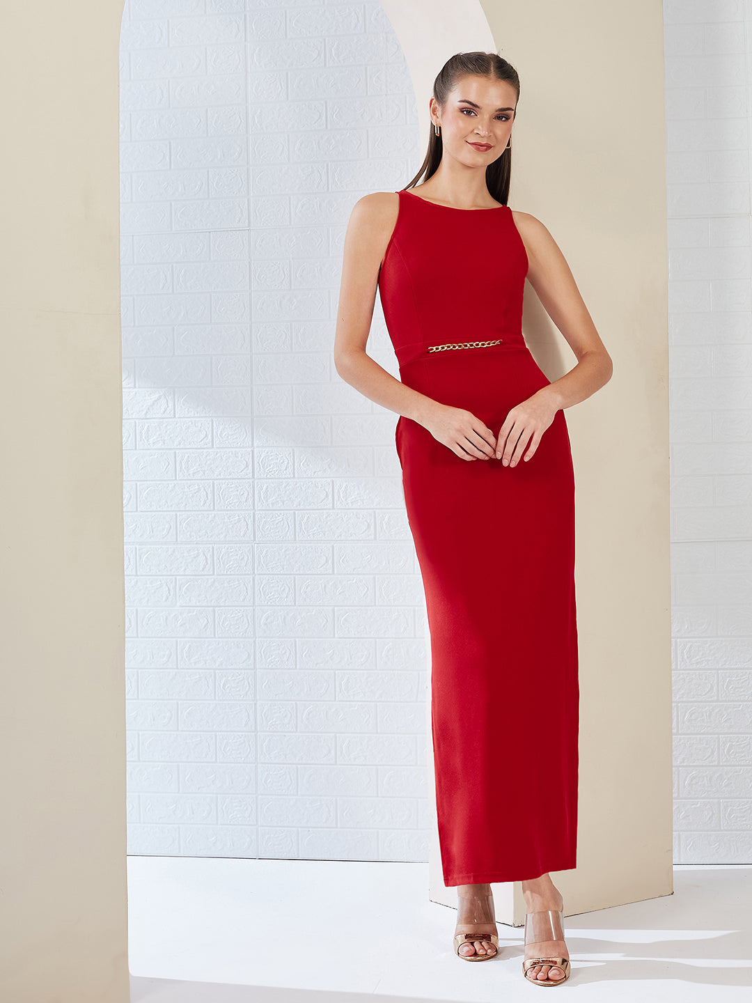 Cherry Red Solid Slim Fit Round Neck Sleeveless Maxi Dress for Women — Miss Chase