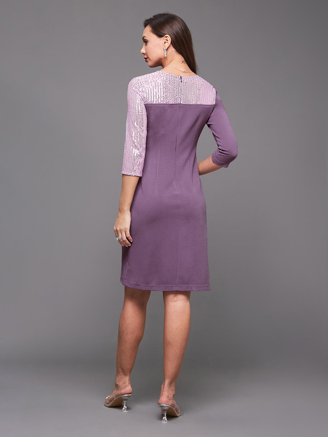 Women's Lavender V-Neck 3/4 Sleeve Embellished Asymmetric Polyester Knee-Long Dress