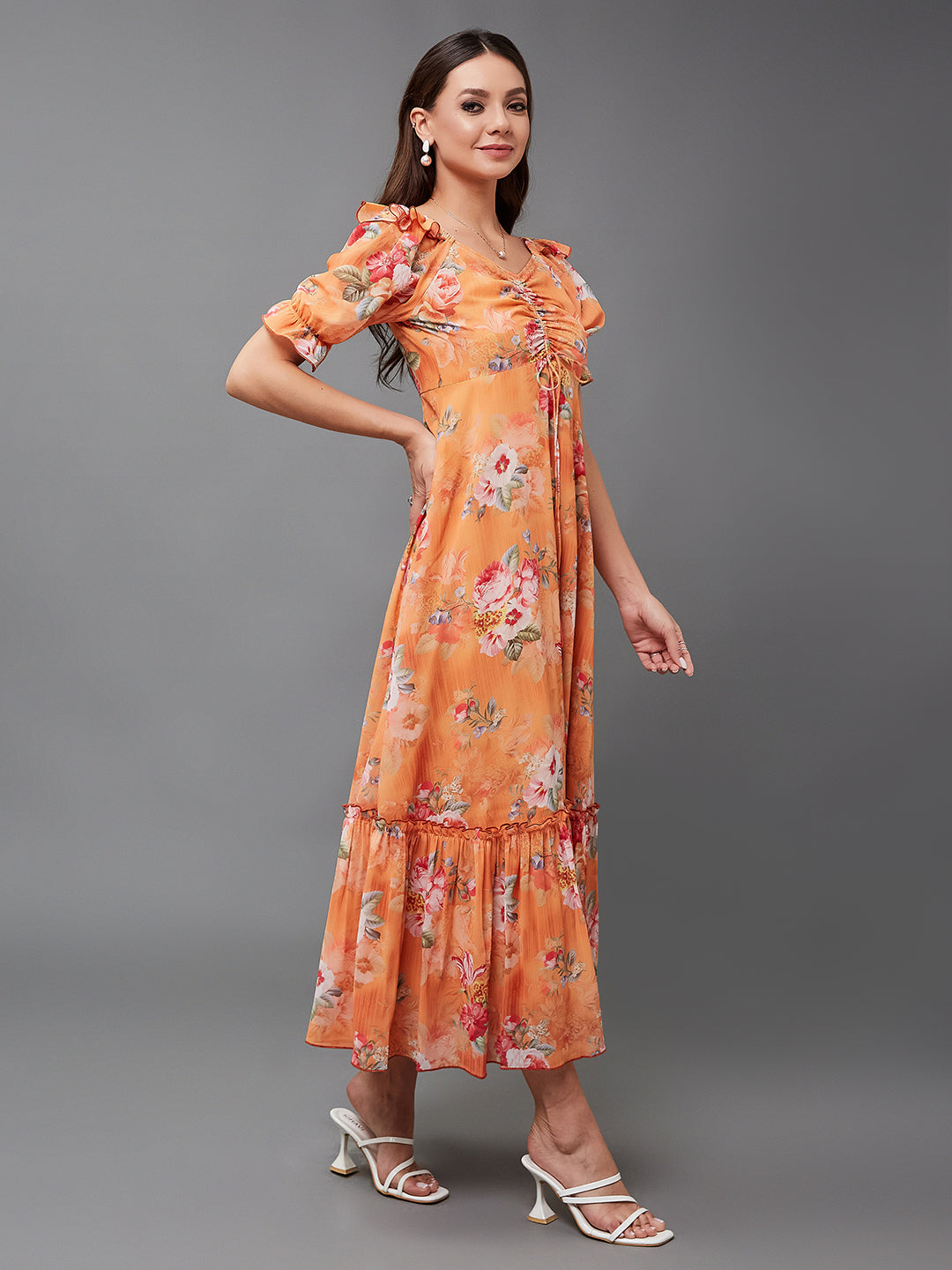 Women's Multicolored-Base-Orange V-Neck Puff Sleeve Floral Ruching Ankle-Length Dress