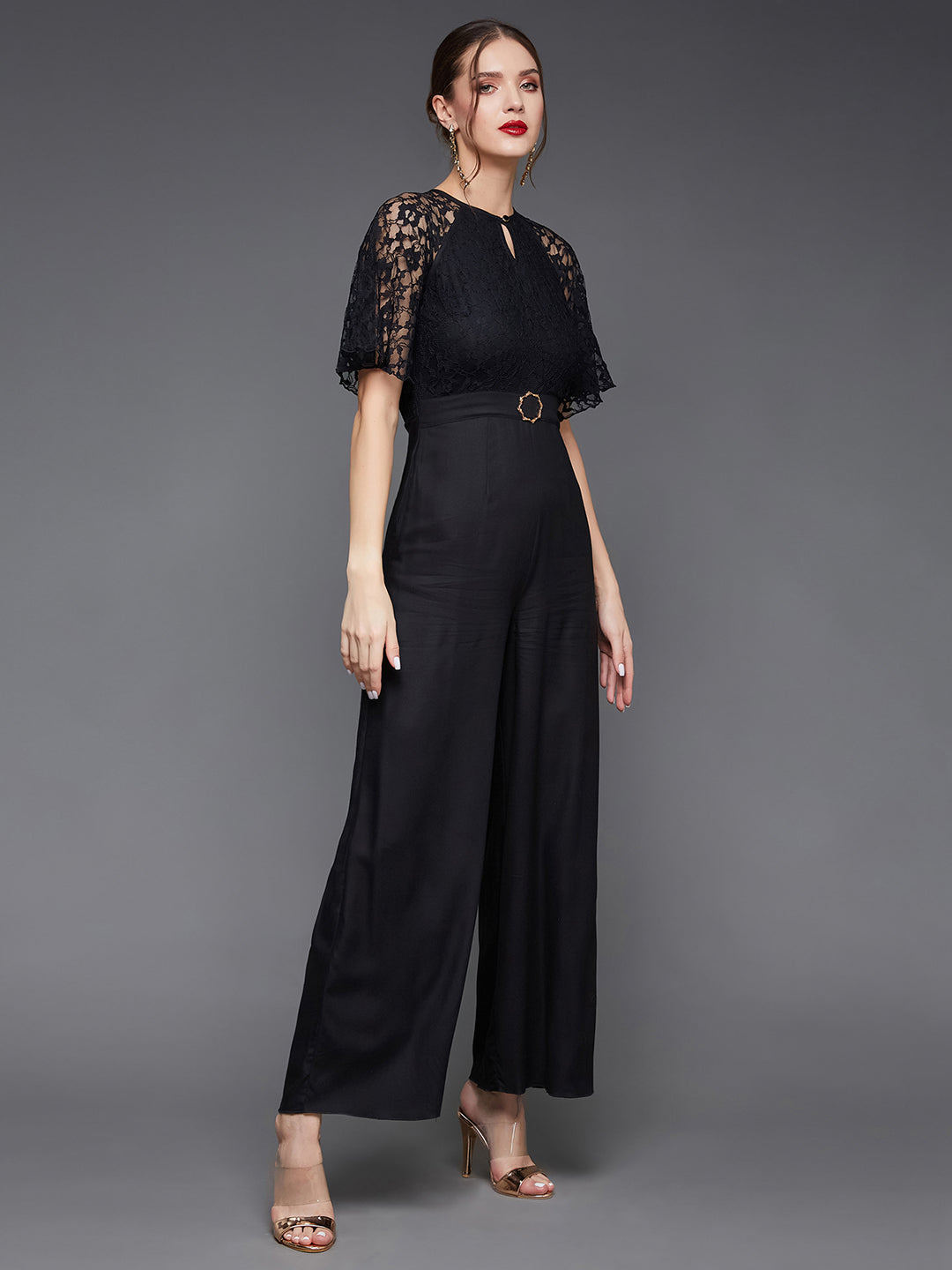 Women's Black Round Neck Flared Sleeve Floral Raglan Jumpsuit