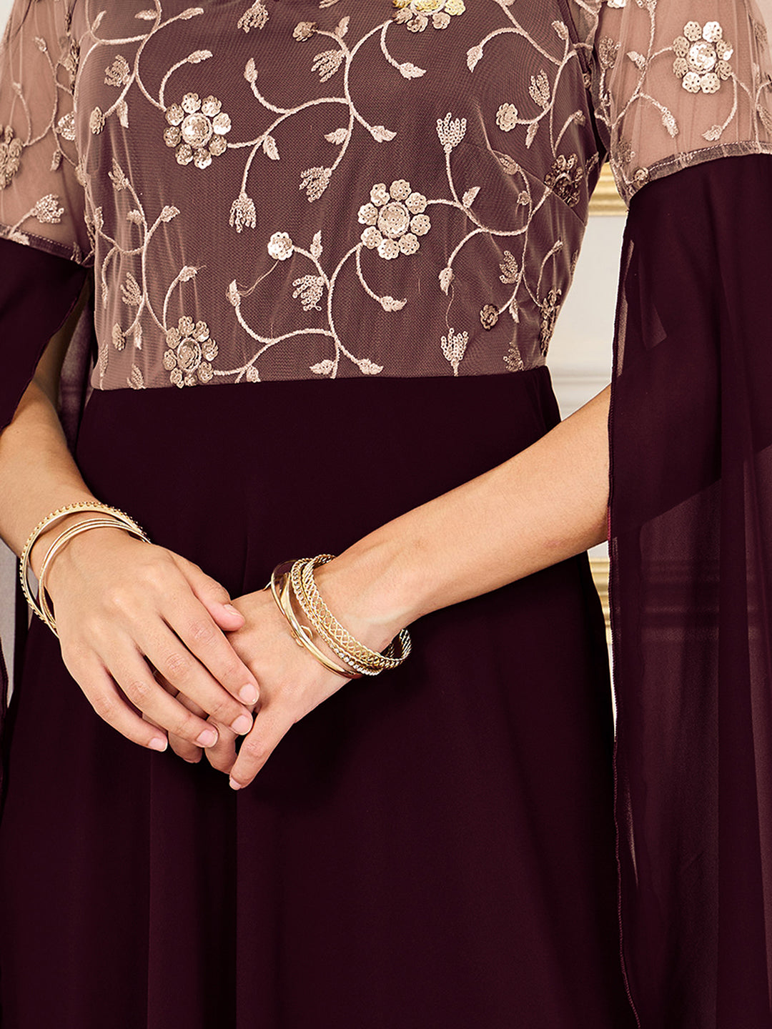 Women's Wine V-Neck Flared Long-Sleeves Embroidered Fit & Flare Maxi Dress