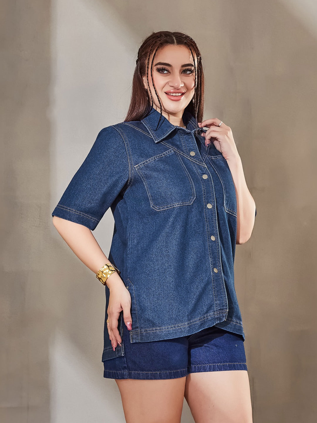 Navy Blue Boxy Denim Shirt - Half Sleeves, Collared, Relaxed Fit for Women