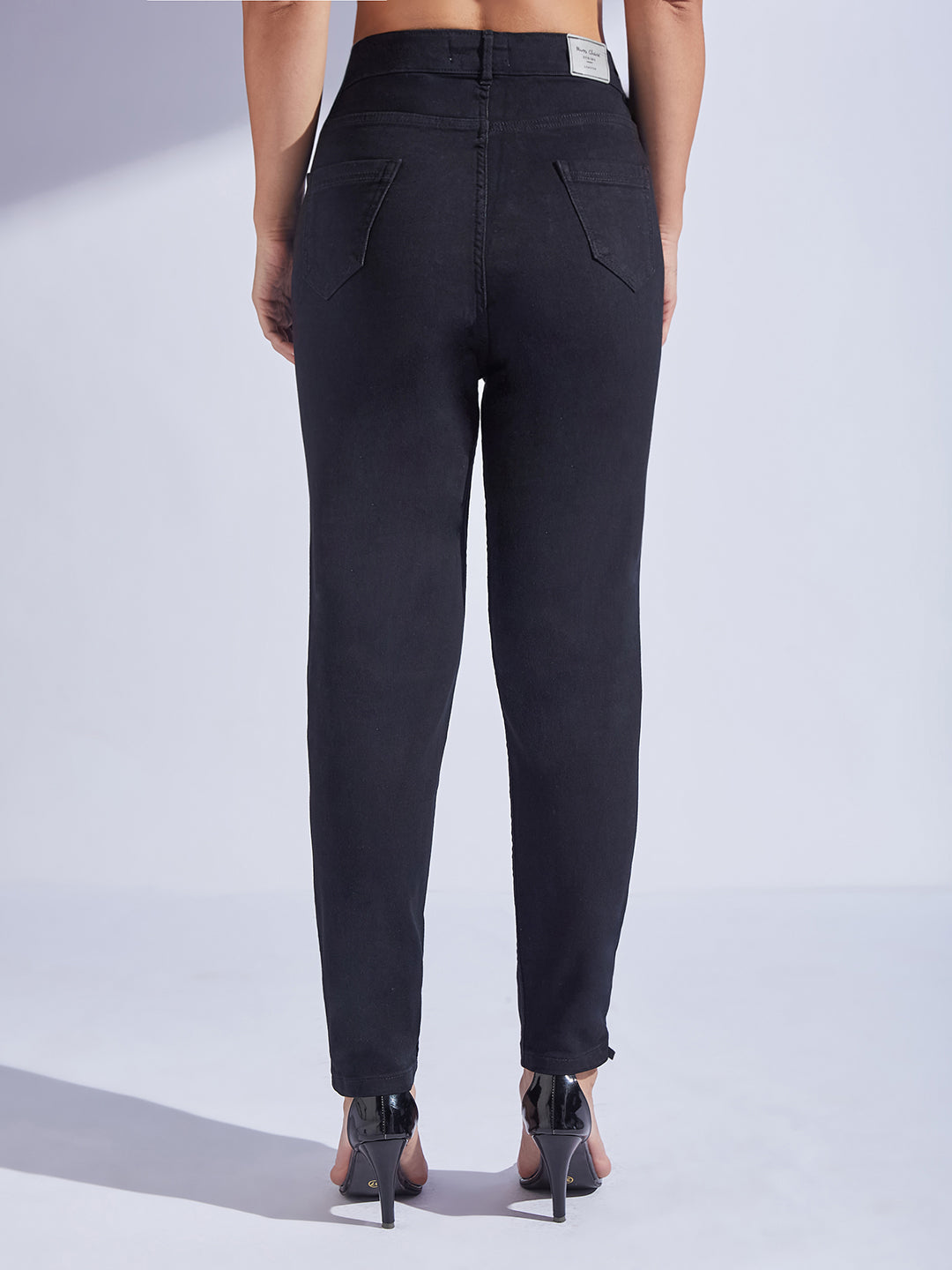 Black High Rise Stretchable Denim Mom Jeans for Women