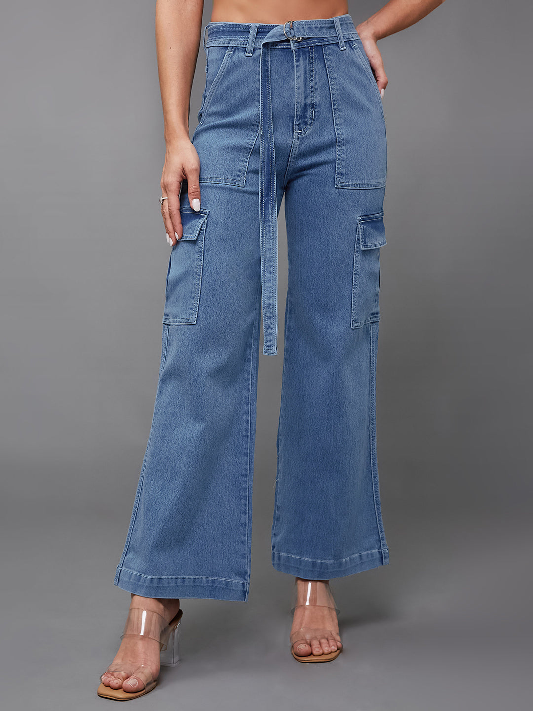 24/7 Comfort Mid Blue Wide-Leg High-Rise Stretchable Cargo Denim Jeans