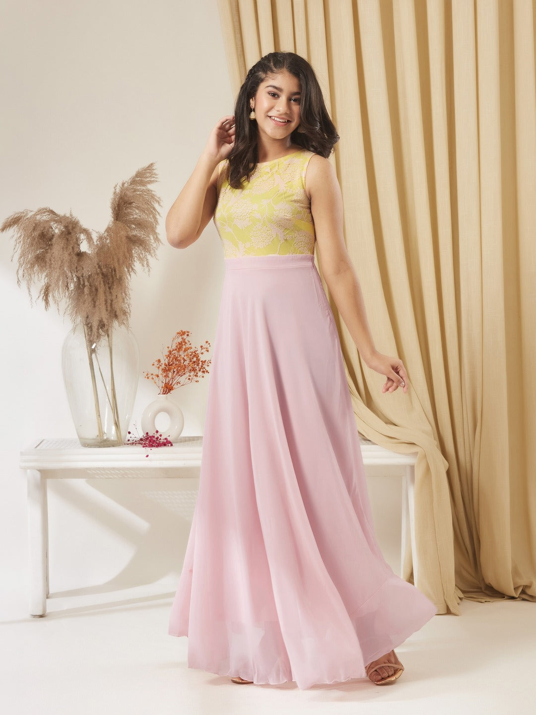 Dusty Pink Boat Neck Sleeveless Self Design Lace Overlaid Georgette Maxi Dress for Girls/Teenagers