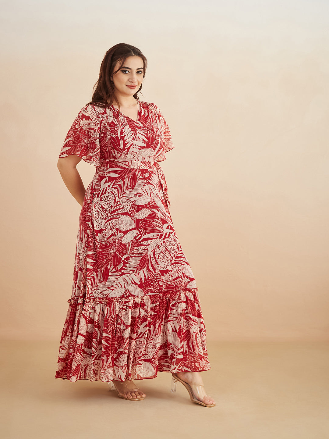 Multicolored-Base-Maroon V Neck Flared Sleeve Floral Wrap Maxi Dress for Women — Miss Chase A+