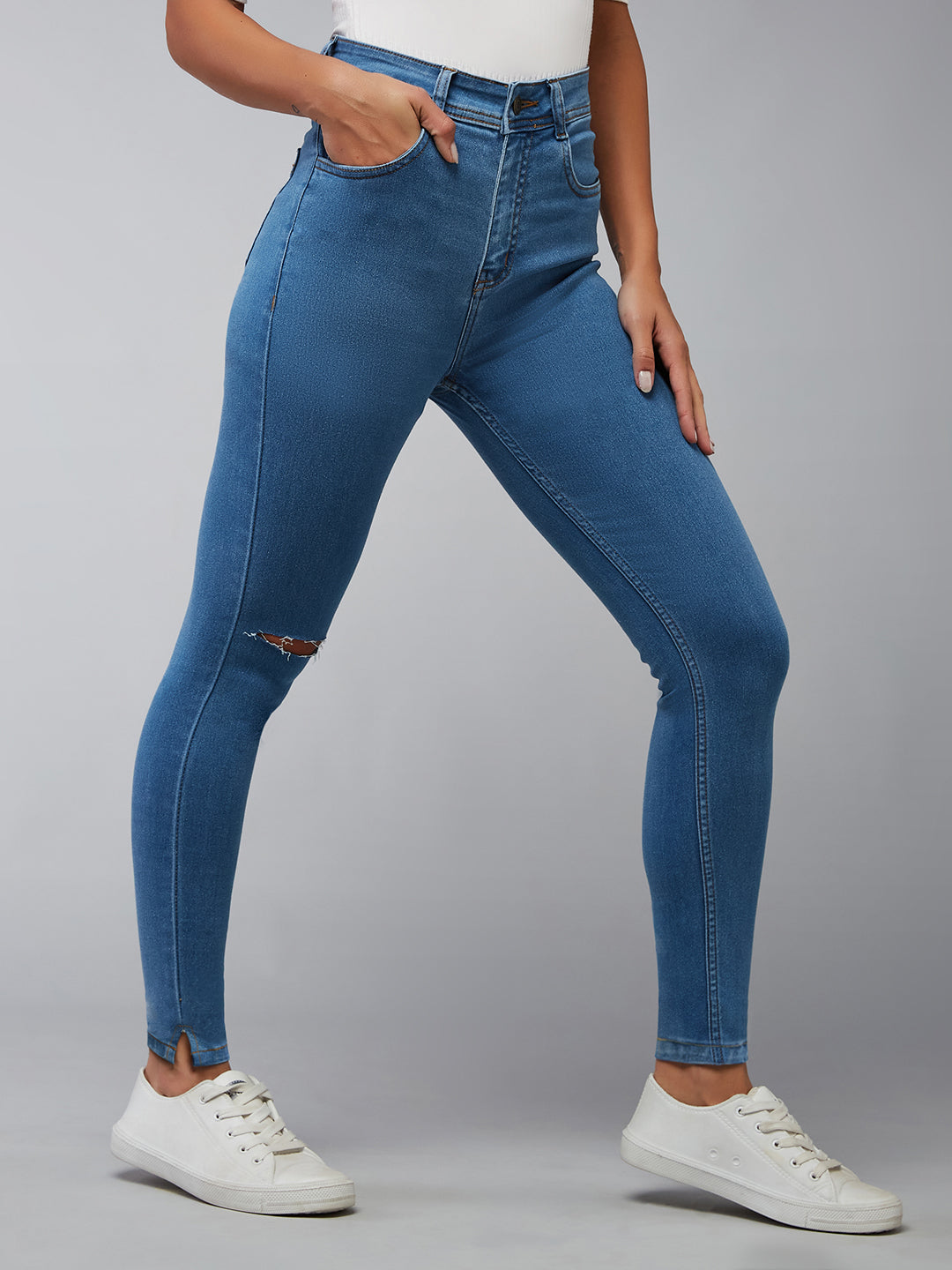 24/7 Comfort Mid-Blue Skinny-Fit High-Rise Distressed Denim Jeans for Women — Dolce Crudo
