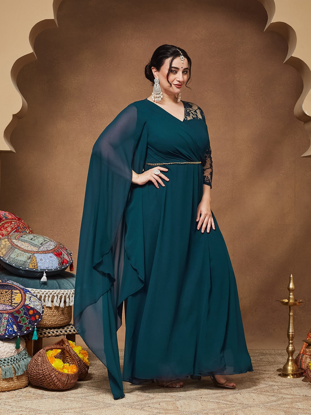 Teal V-Neck Asymmetric Self-Designed Georgette Maxi Dress for Women