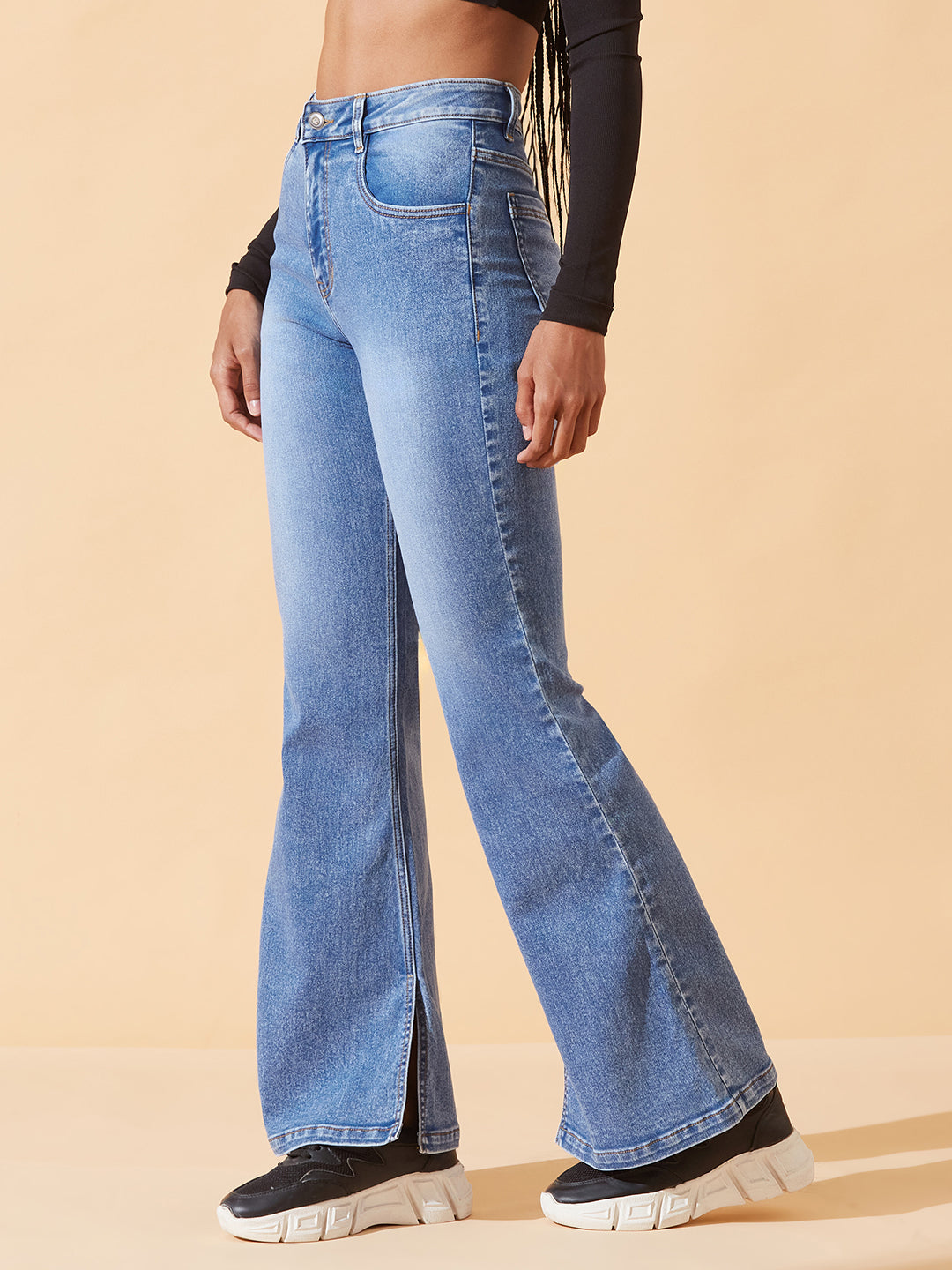 Blue Bootcut Mid-Rise Inseam Slit Heavy Wash Stretchable Denim Jeans for Women