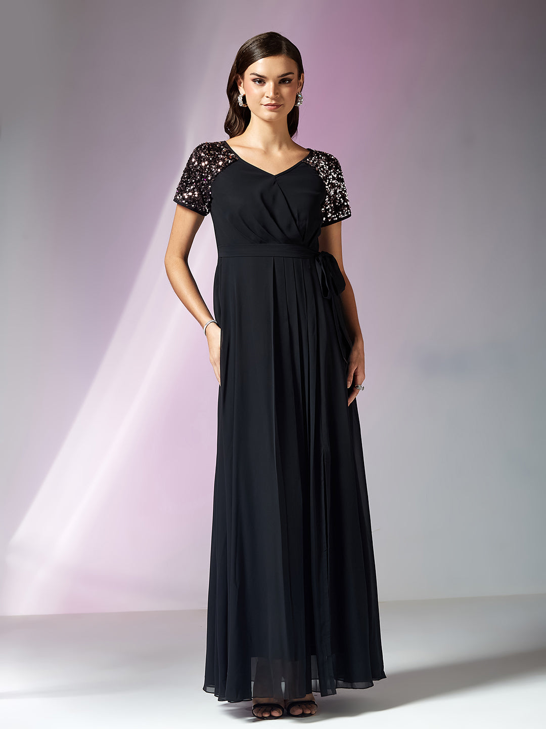 Black Half Sleeves Sequinned Fit and Flare Maxi Dress for Women