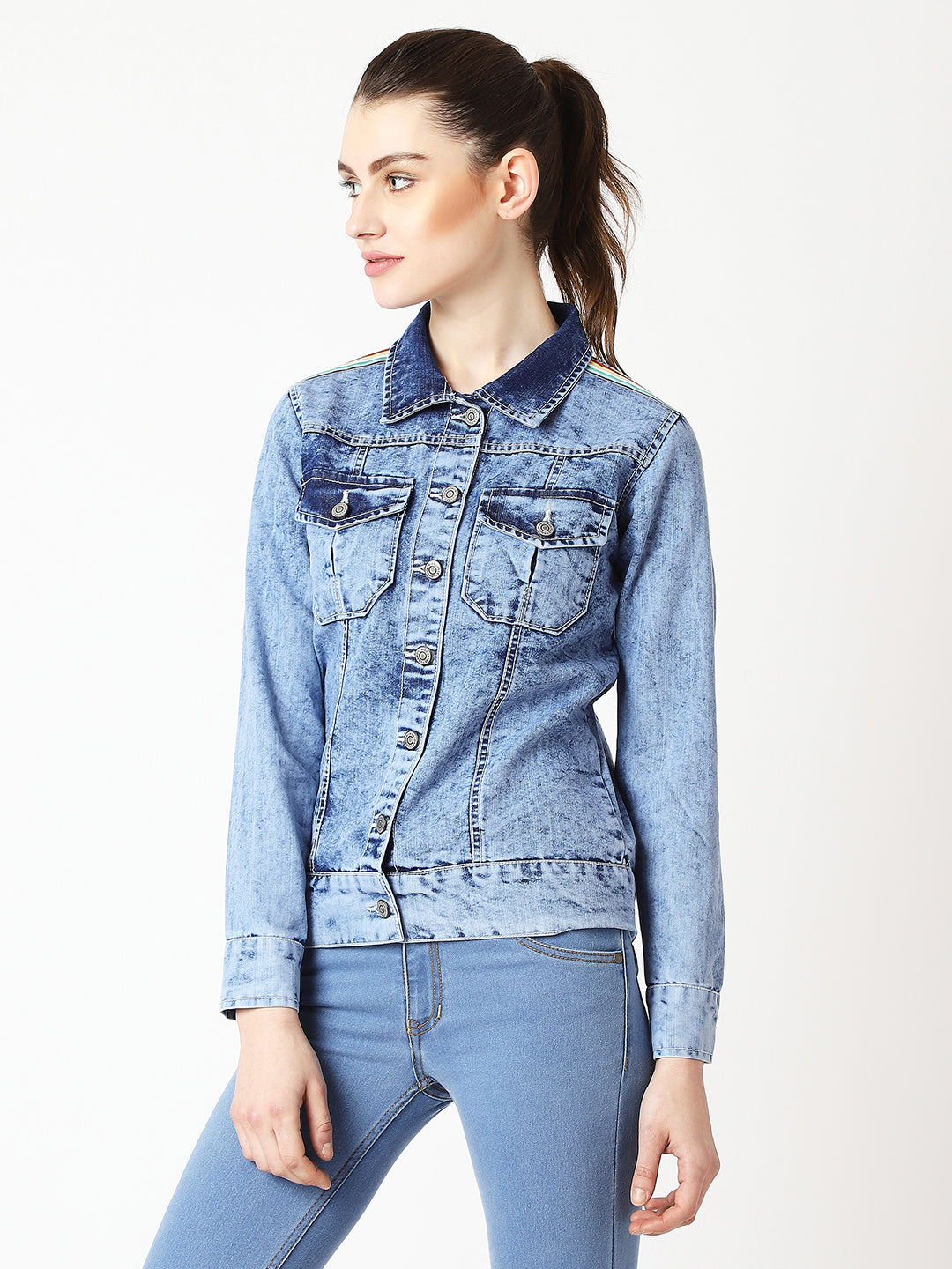 Women's Light Blue Collared Full Sleeve Solid Buttoned Ice Wash Multicolored Twill Tape Detailing Denim Jacket