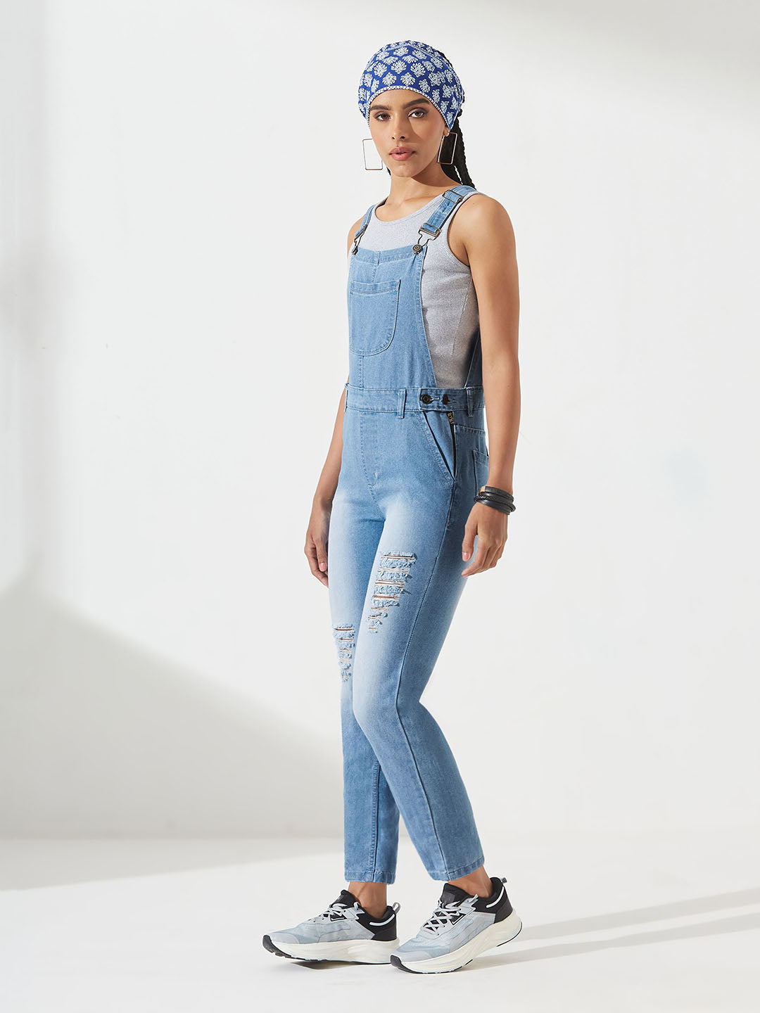 Light Blue Regular Fit Mid-Rise Ripped Denim Dungaree for Women