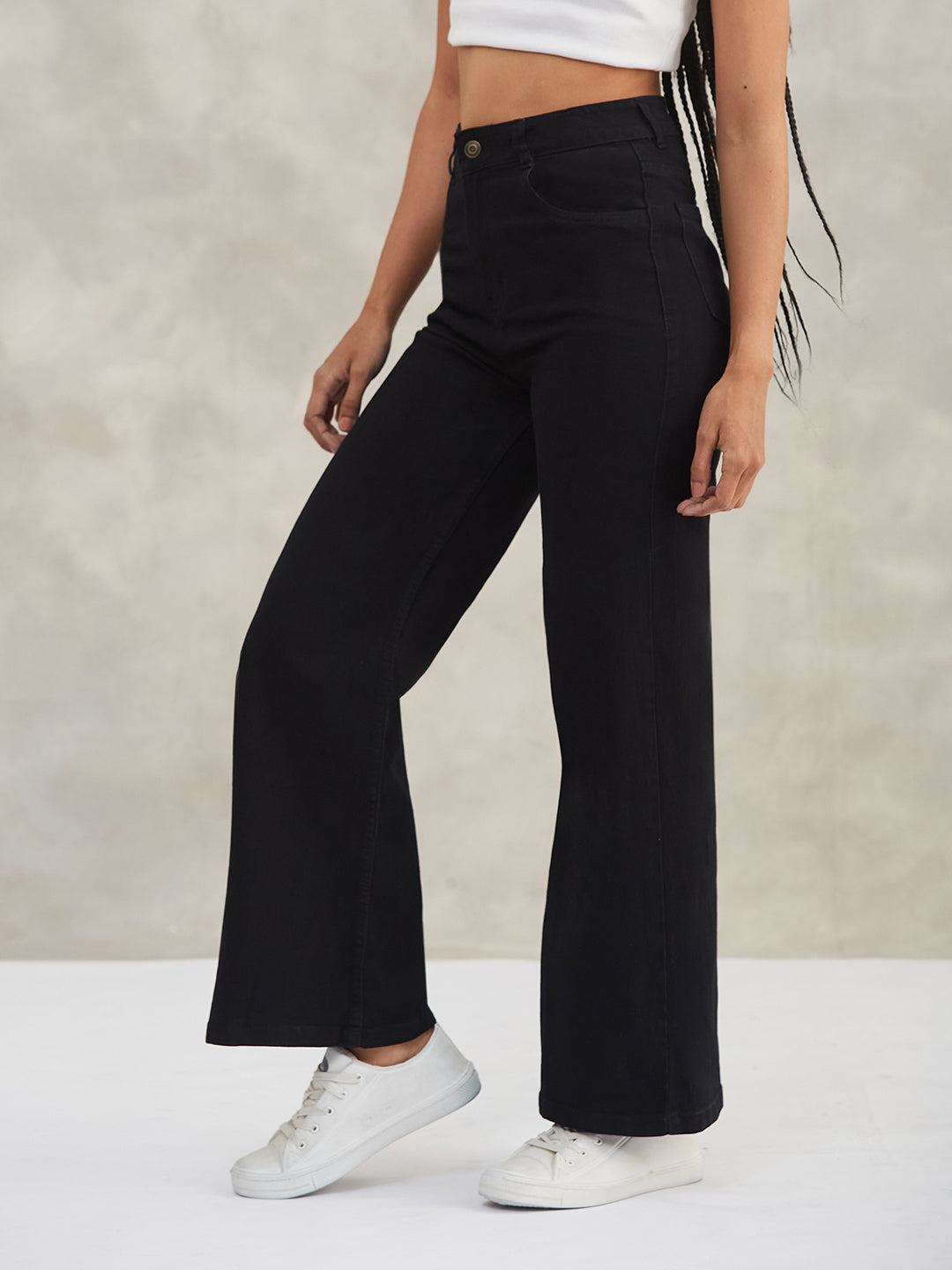Women's Black Wide-Leg High-Rise Stretchable Denim Jeans