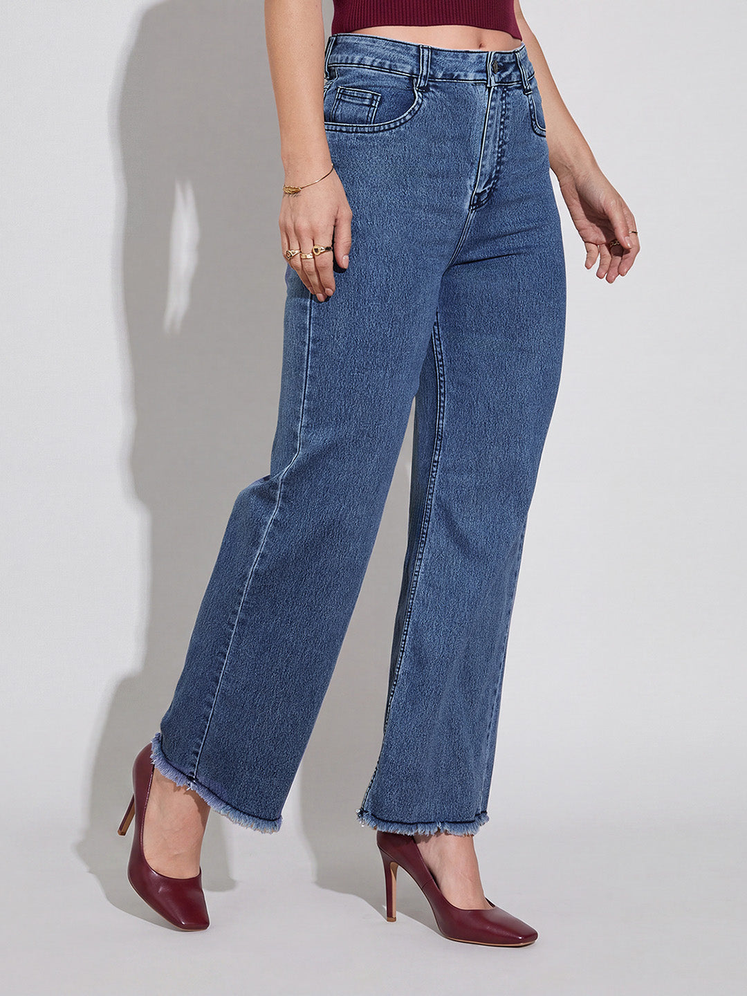 Navy-Blue Wide-Leg High Rise Stretchable Denim Jeans for Women
