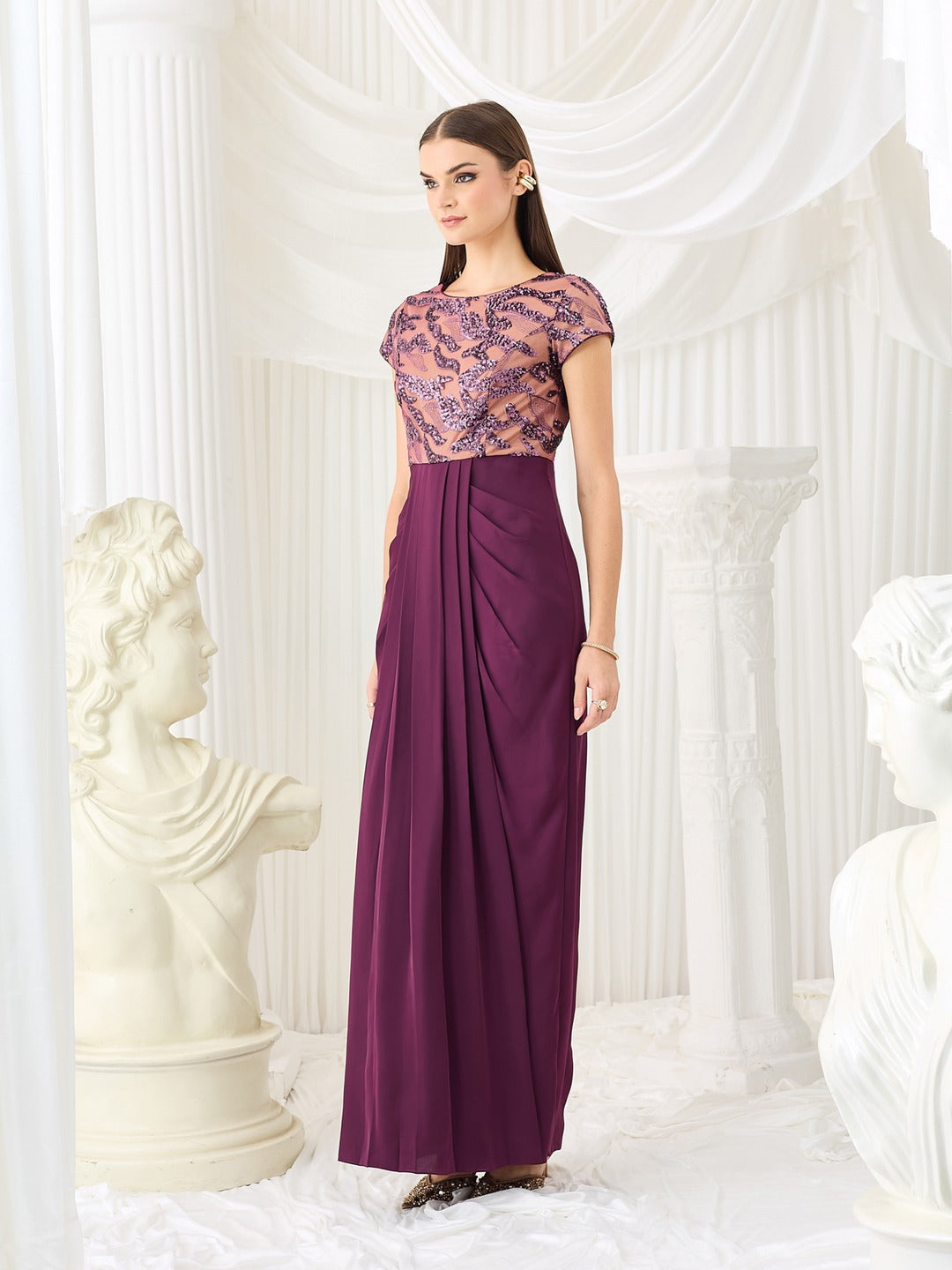 Luxe Pleated Satin Gown in Purple with Round Neck & Embellishments for Women
