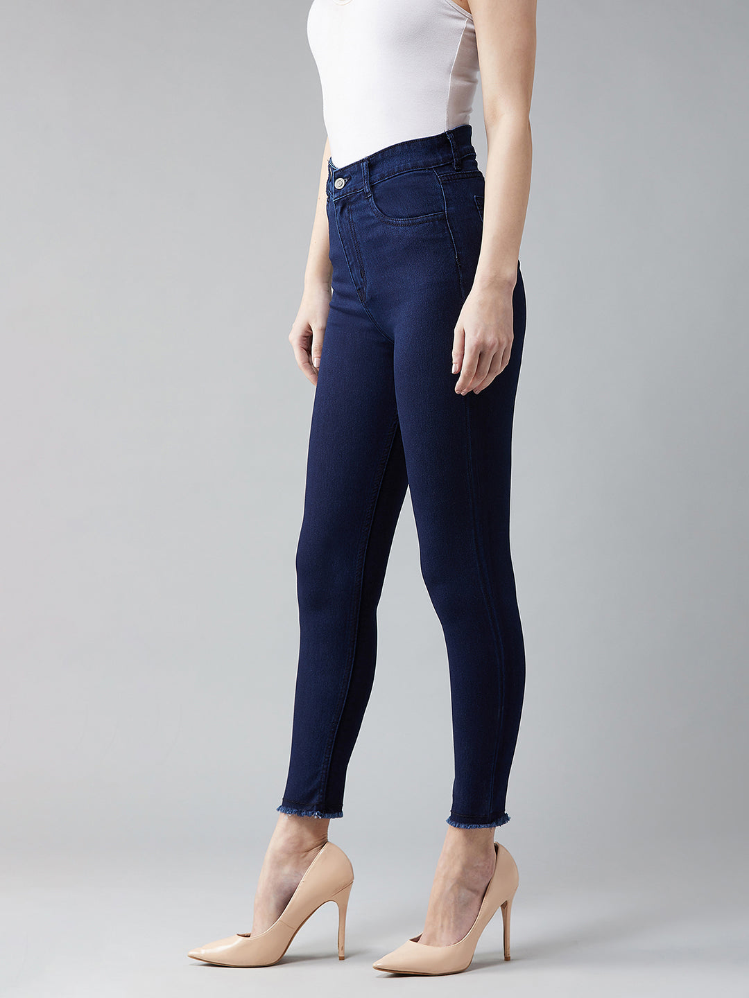 24/7 Comfort Navy-Blue Skinny High-Rise Solid Cropped Fringed Hemline Stretchable Denim Jeans