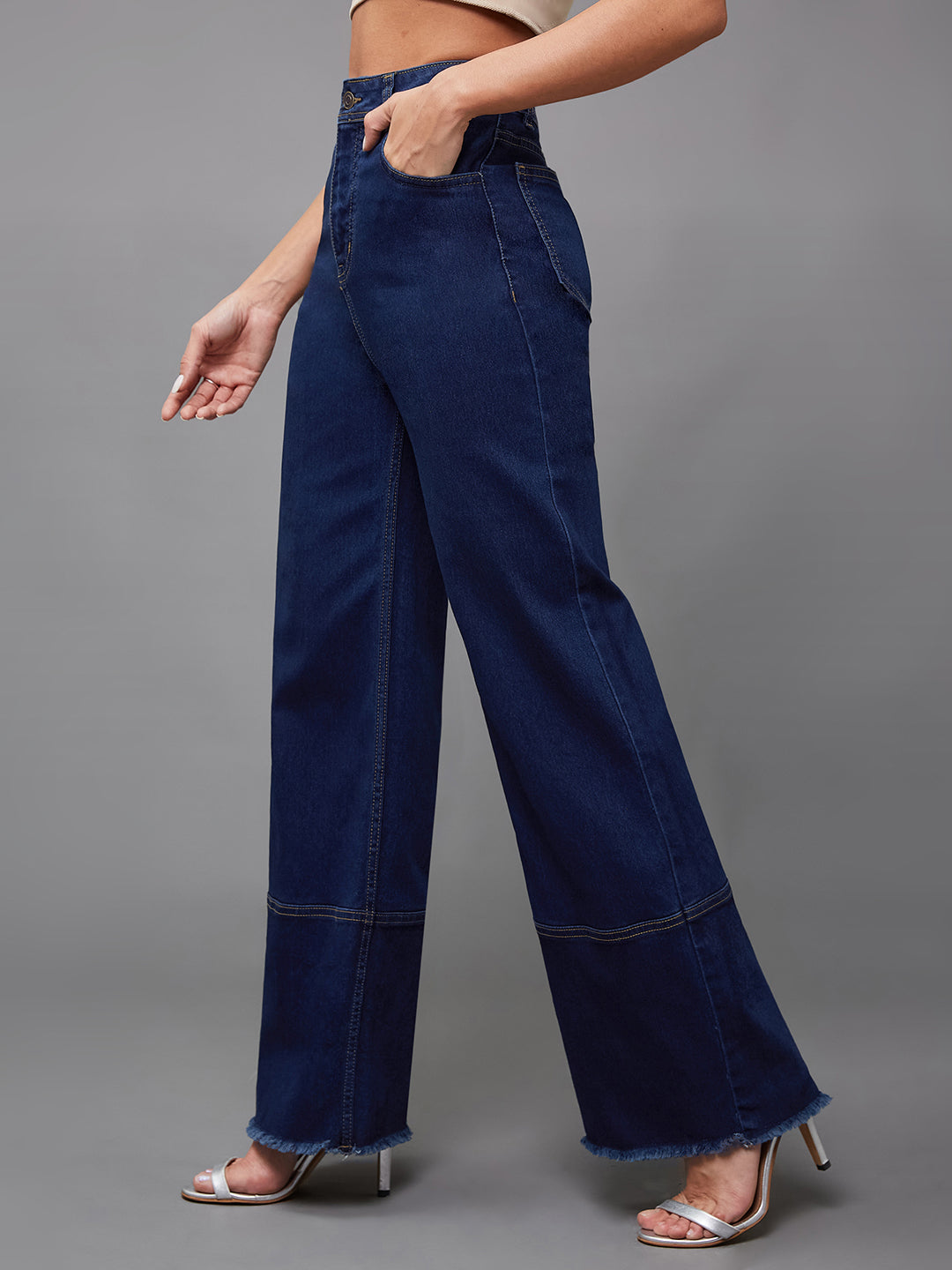 24/7 Comfort Navy-Blue Wide-Leg High-Rise Stretchable Denim Jeans
