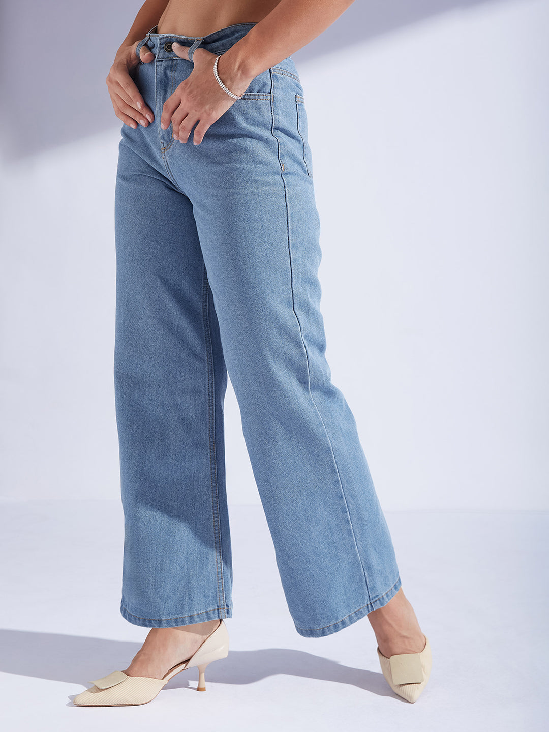 Women's Light Blue Wide-Leg High-Rise Clean-Look Regular-Length Non-stretchable Denim Jeans