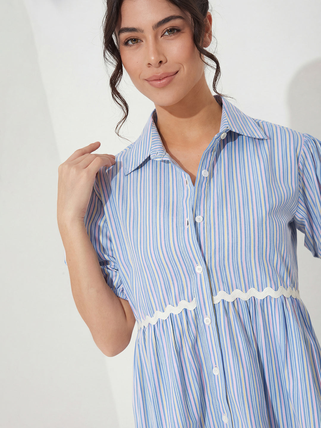 Blue and White Striped Cotton Shirt Dress with Puff Sleeves and Tiered Hem for Women