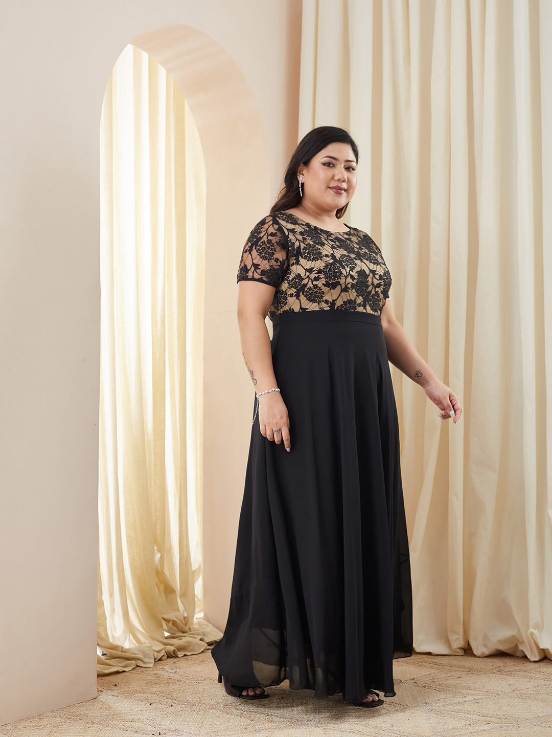 Black Round Neck Half Sleeve Self Design Fit & Flare Georgette Maxi Dress for Women — Miss Chase A+