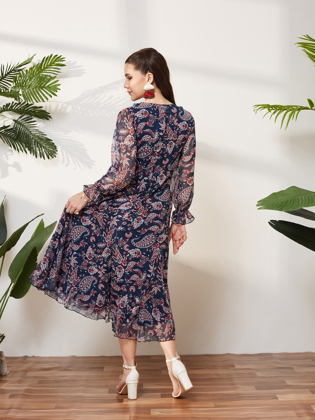 Navy Blue V Neck Full Sleeves Polyester Relaxed Fit Midi Length Dress for Women