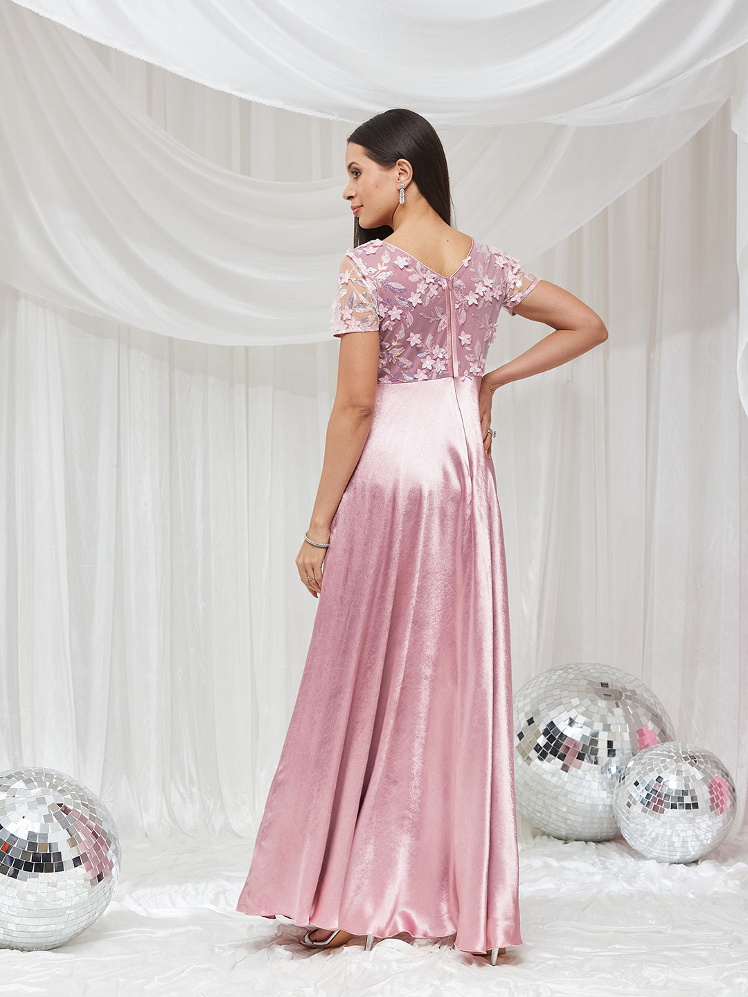 Light Pink Sweetheart Neck Half Sleeve Embellished Embellished Maxi Satin Dress for Women