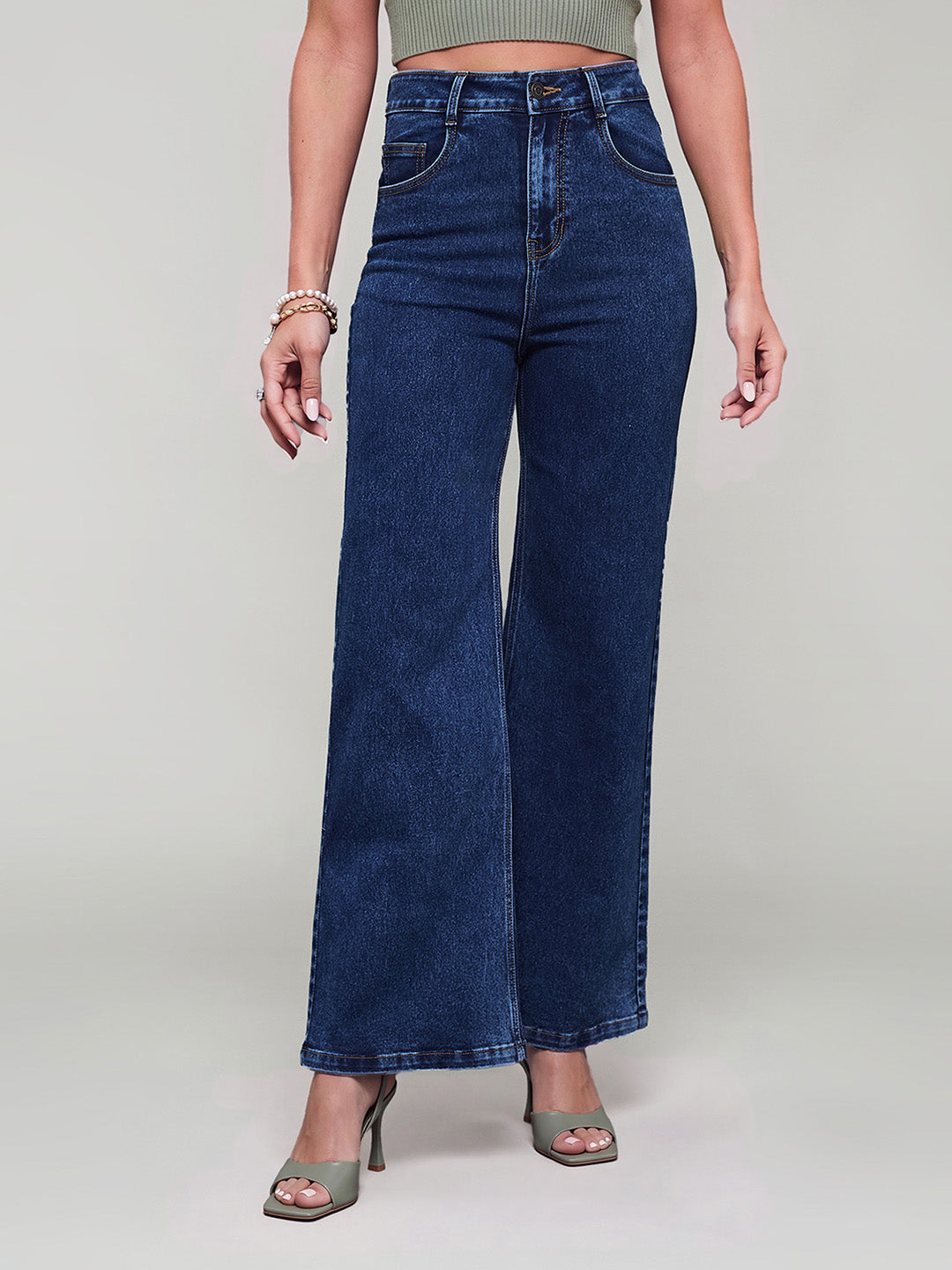Mid Blue Wide-Leg High-Rise Stretchable Denim Jeans for Women