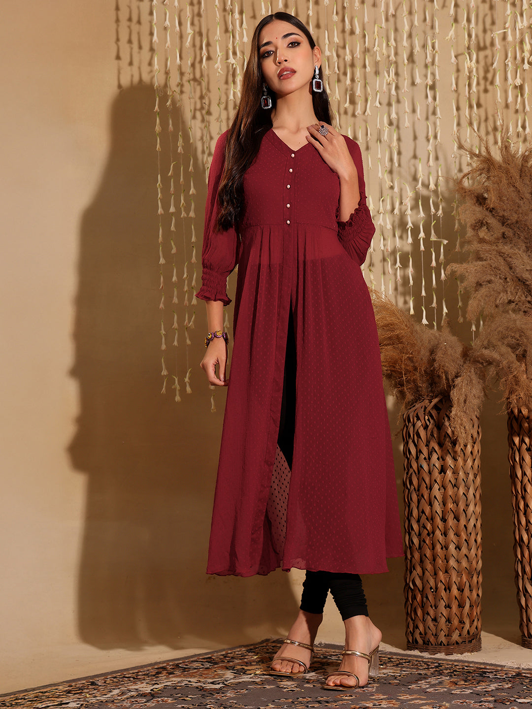 Women's Maroon V-Neck 3/4 Sleeves solid empire Maxi Top