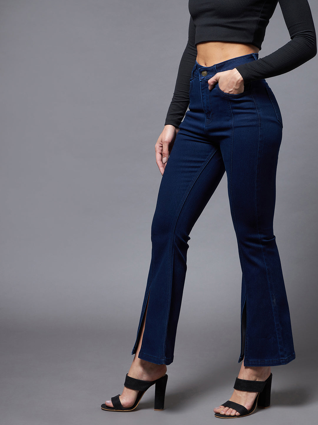 24/7 Comfort Navy-Blue Bell-Bottom Bootcut Hourglass High-Rise Stretchable Denim Slit Jeans