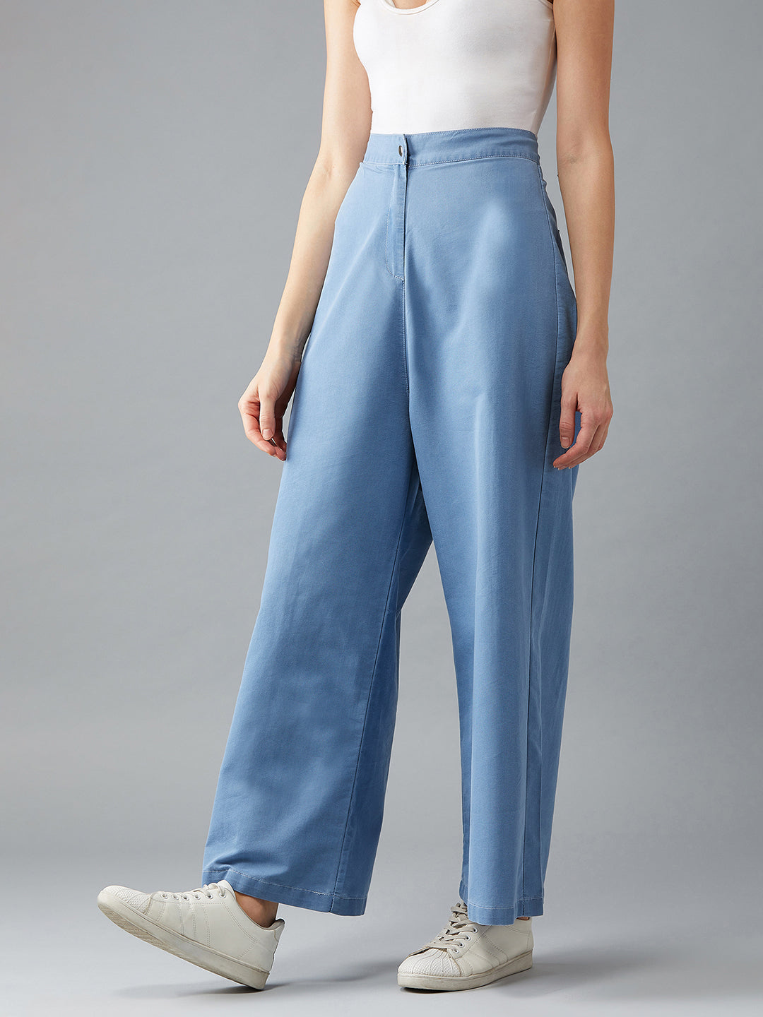 Women's Blue Flared Wide-Leg High-Rise Light Weight Non Stretchable Denim Pants