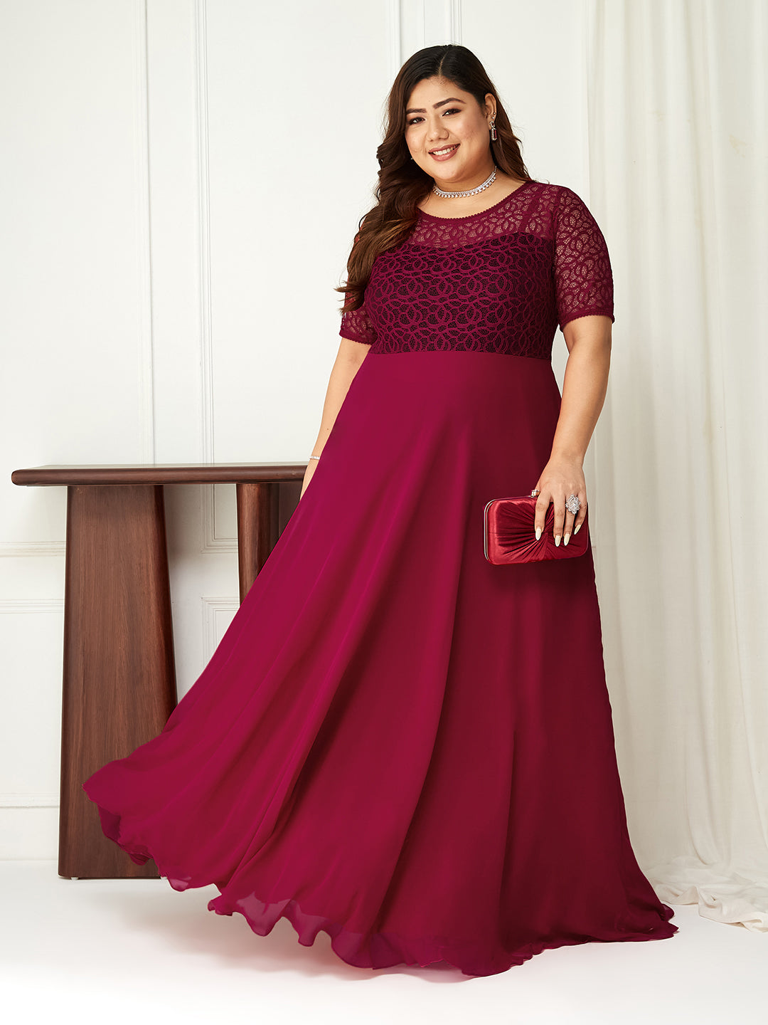 Dark Pink Short Sleeves Lace Fit and Flare Maxi Dress Long Dress Frock for Women