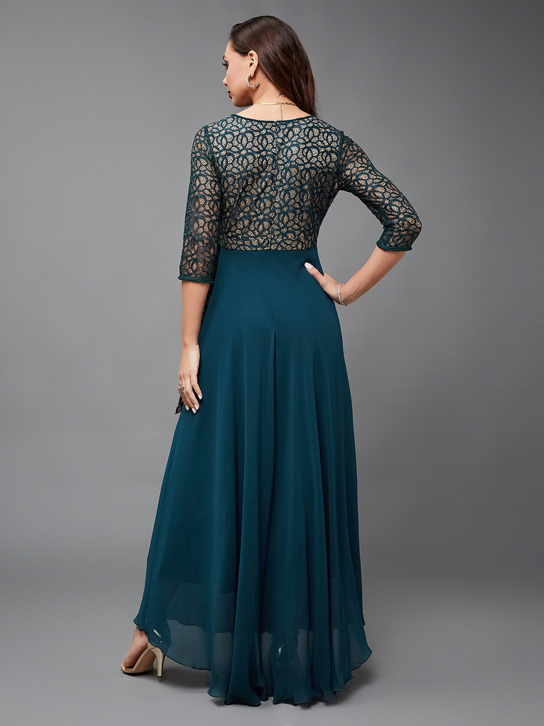 Teal Long Sleeves Fit and Flare Wrap Maxi Dress Long Dress Frock with Lace Belt for Women